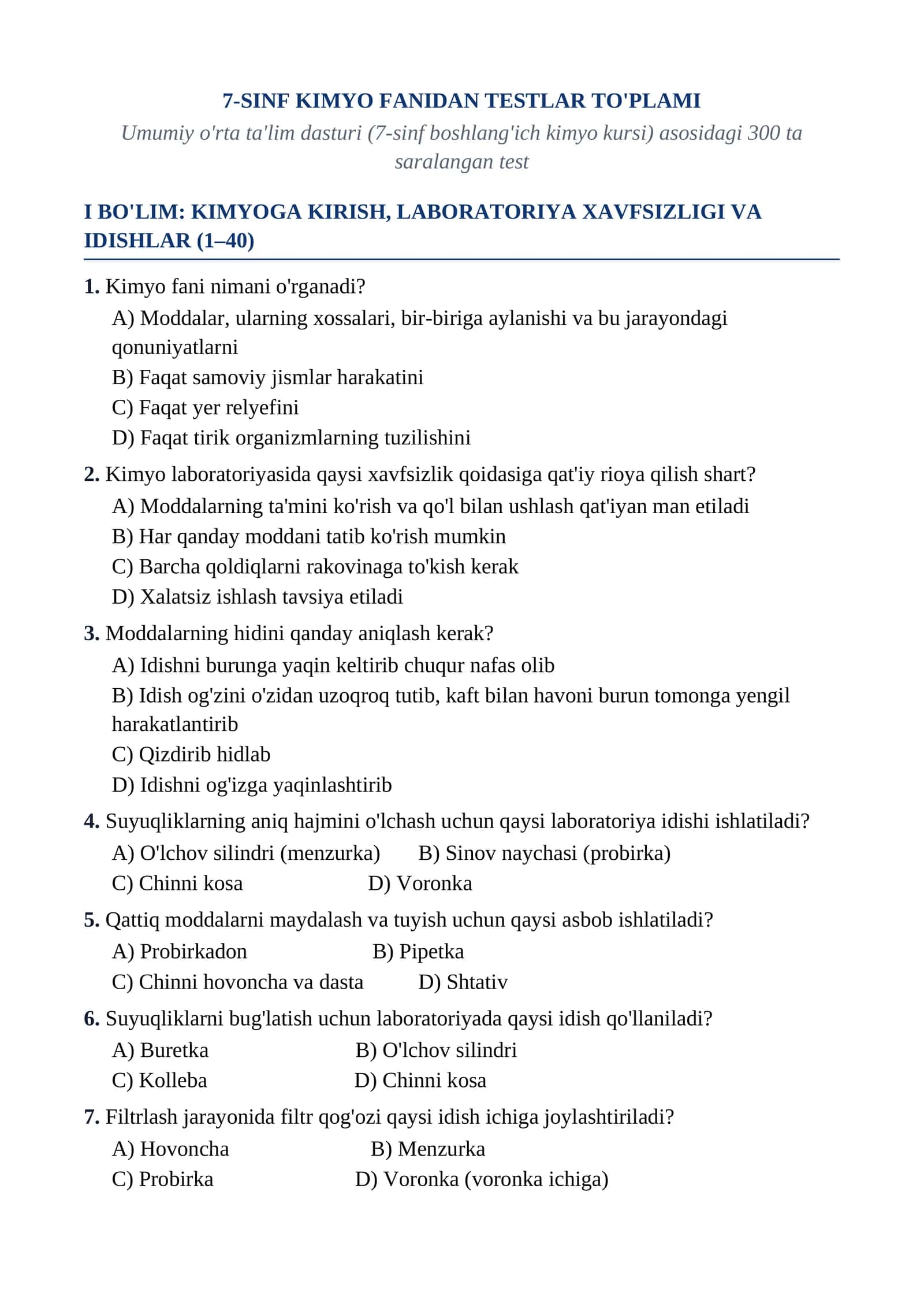 7-SINF KIMYO FANIDAN TESTLAR TO'PLAMI