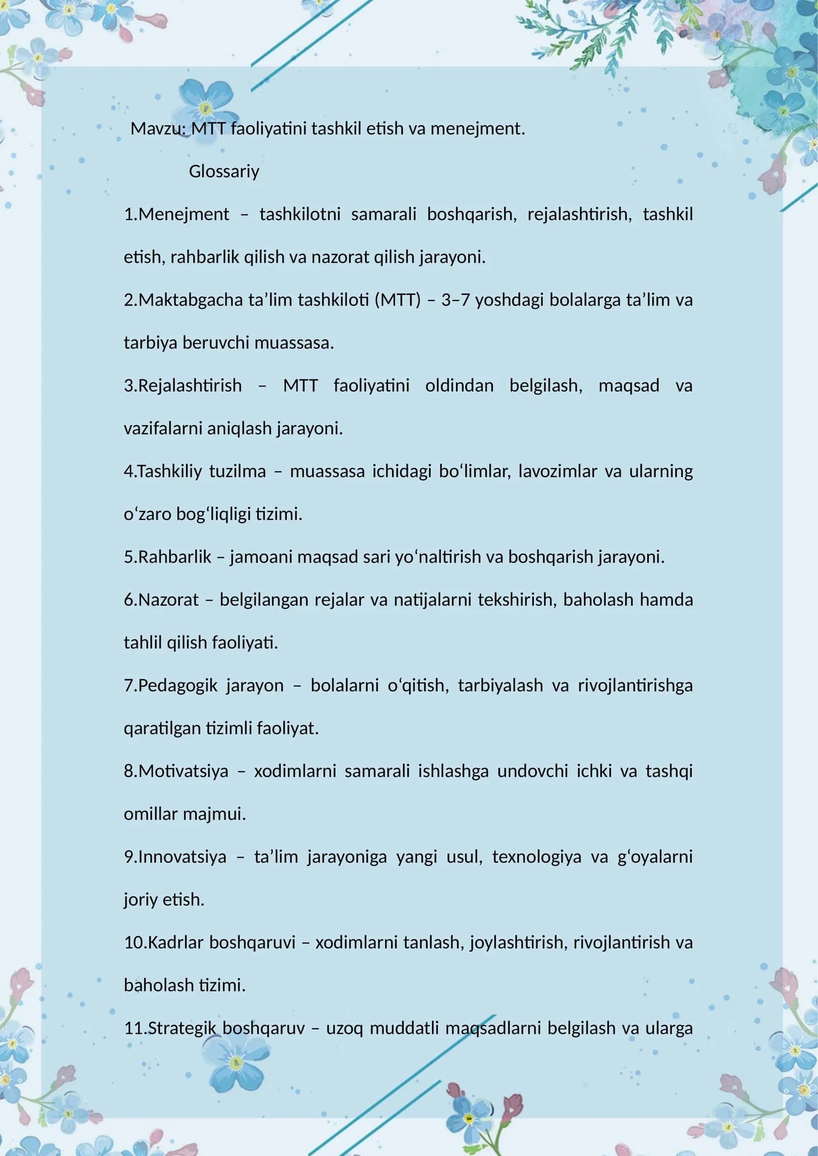 MTT faoliyatini tashkil etish va menejment