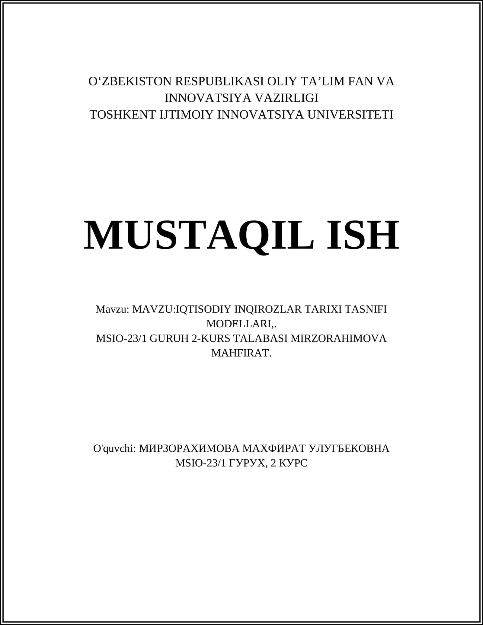 IQTISODIY INQIROZLAR TARIXI TASNIFI MODELLARI