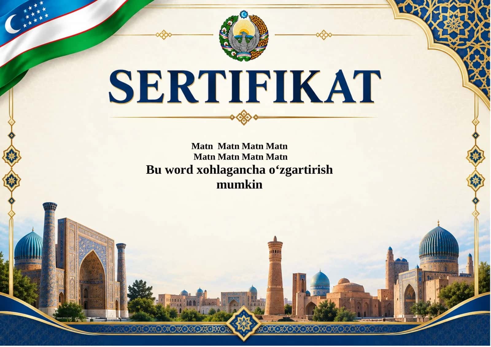 Sertifikat shablon blanka Word formatda o‘zgartiriladigan