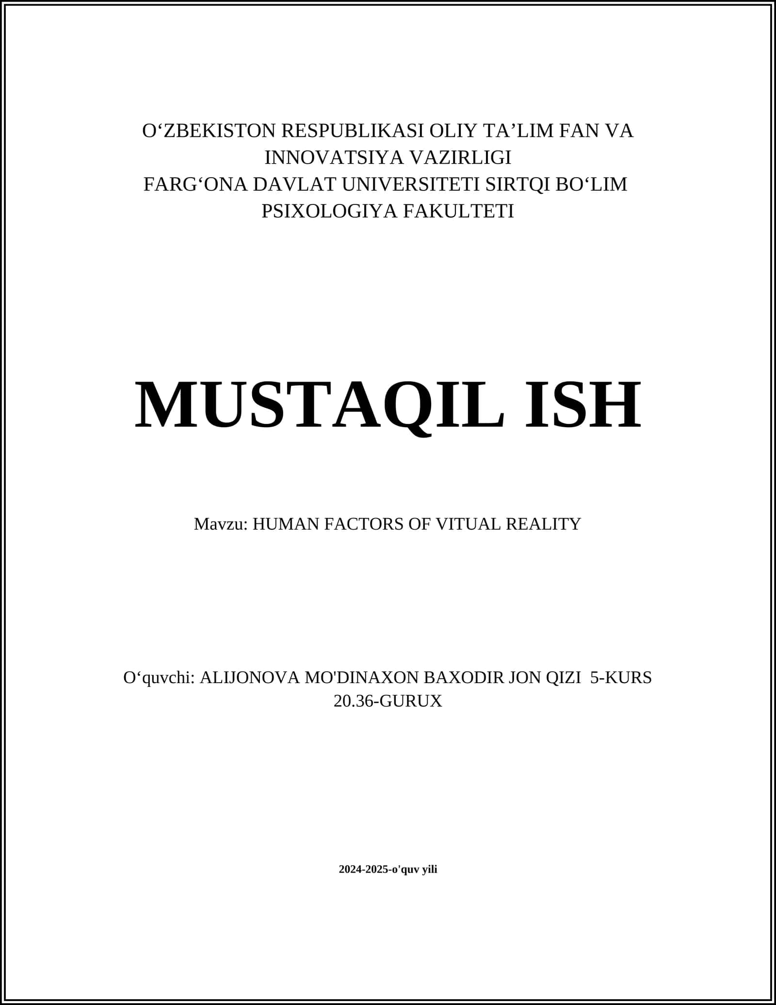 HUMAN FACTORS OF VITUAL REALITY