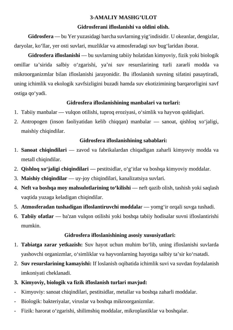 Gidrosfera ifloslanishi va oldini olish