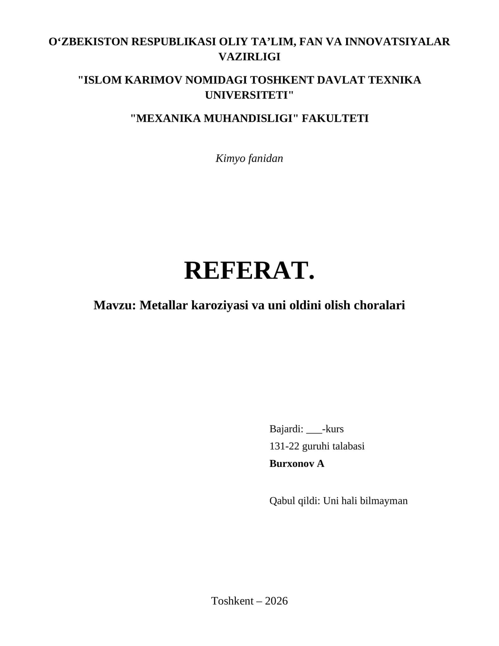 Metallar karoziyasi va uni oldini olish choralari