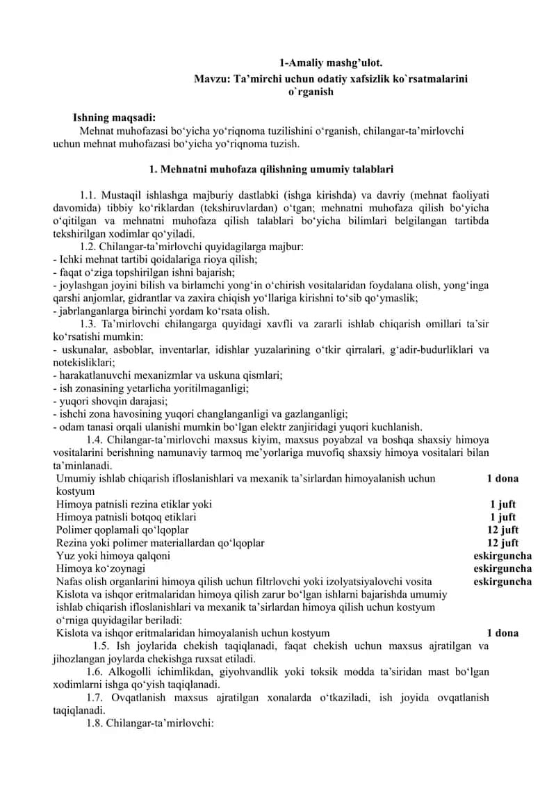 Ta’mirchi uchun odatiy xafsizlik ko`rsatmalarini o`rganish