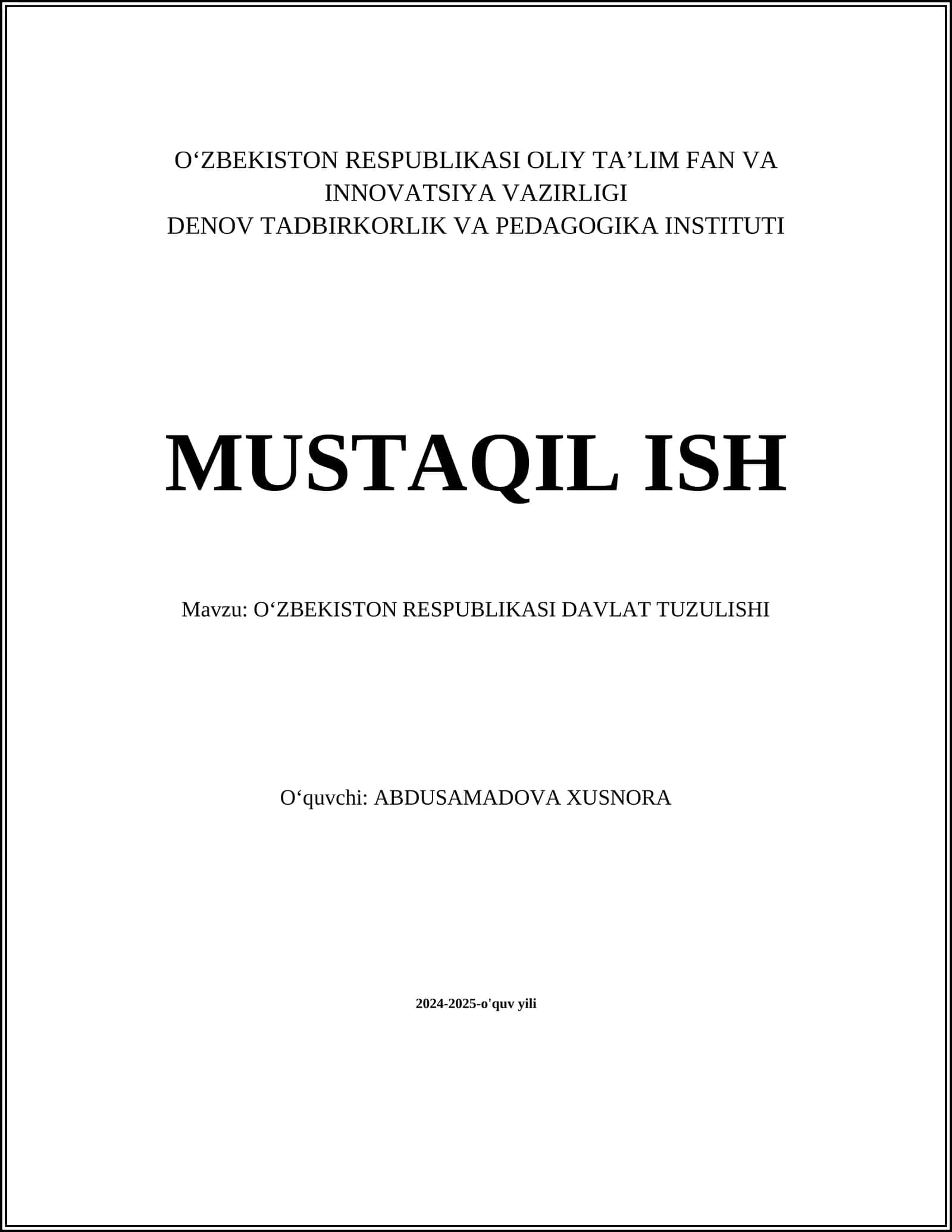 Oʻzbekiston Respublikasi Davlat Tuzilishi