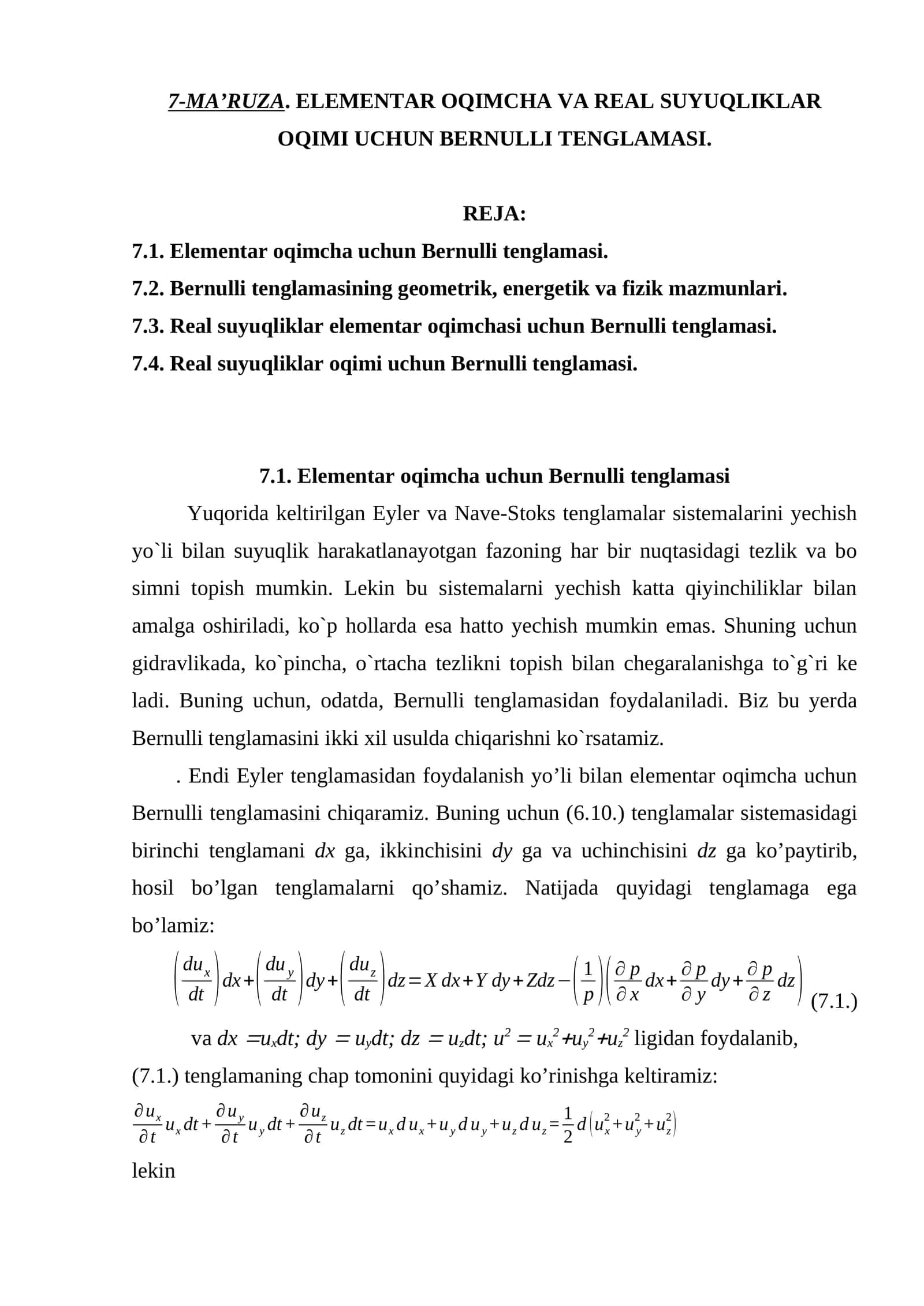 ELEMENTAR OQIMCHA VA REAL SUYUQLIKLAR OQIMI UCHUN BERNULLI TENGLAMASI