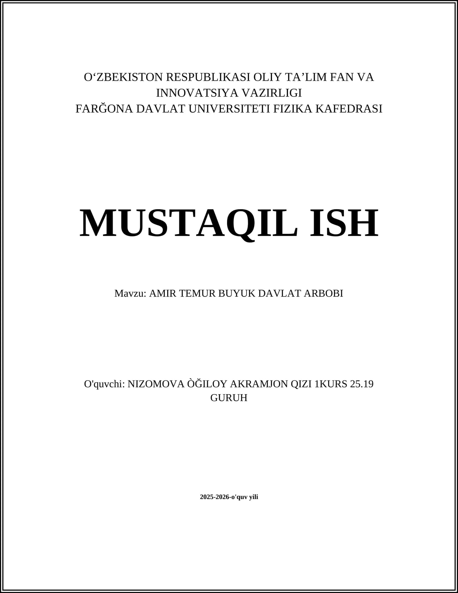 AMIR TEMUR BUYUK DAVLAT ARBOBI