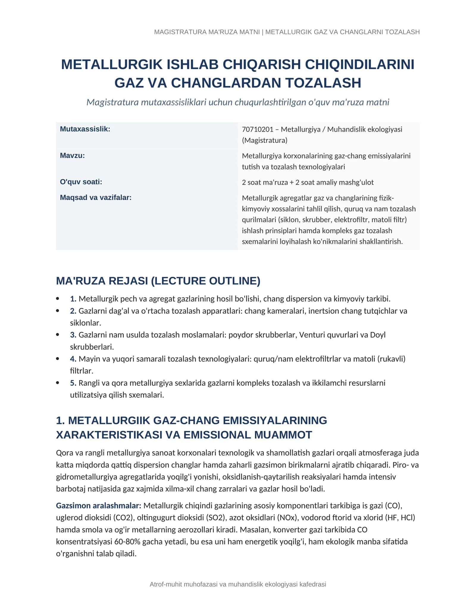 MAGISTRATURA MA'RUZA MATNI | METALLURGIK GAZ VA CHANGLARNI TOZALASH