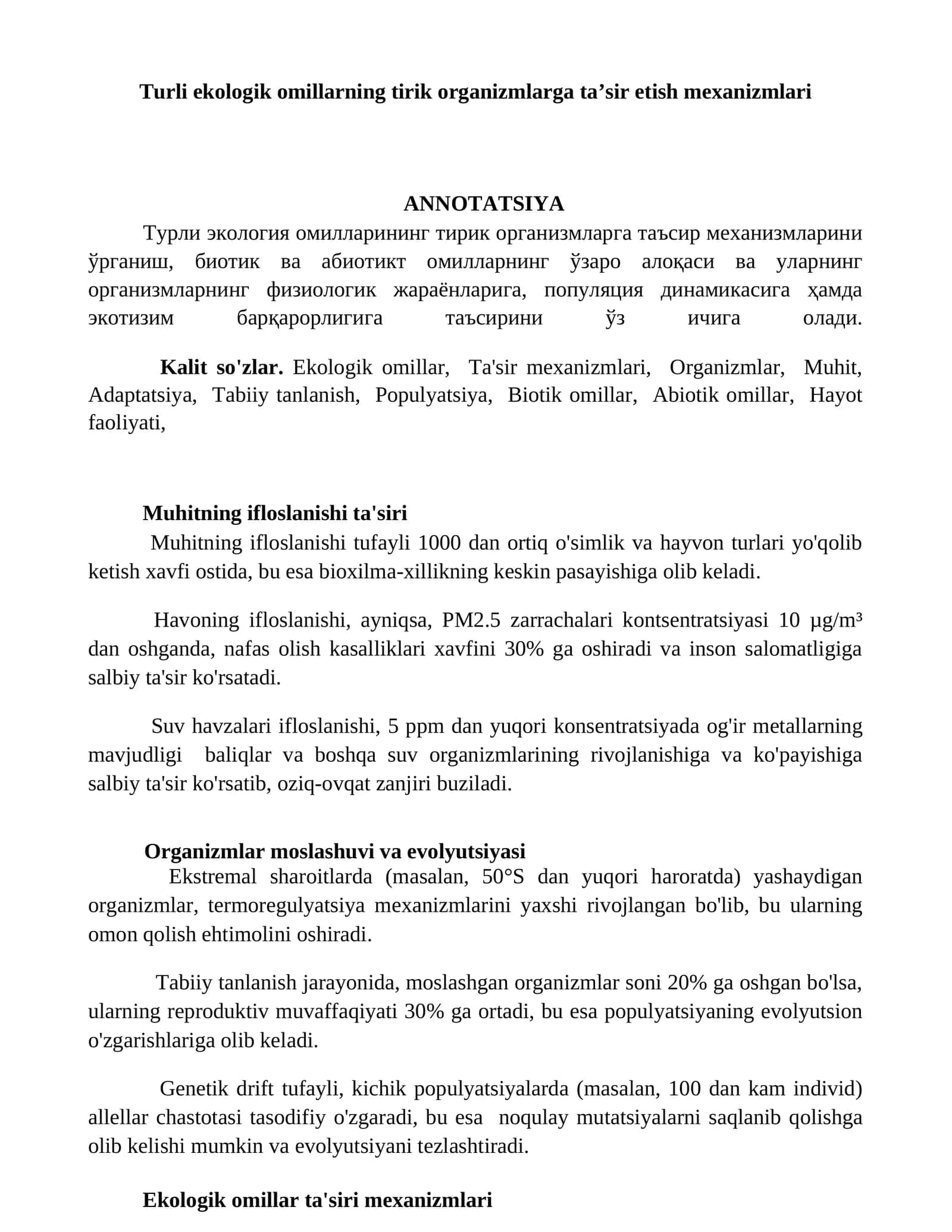 Turli ekologik omillarning tirik organizmlarga ta’sir etish mexanizmlari