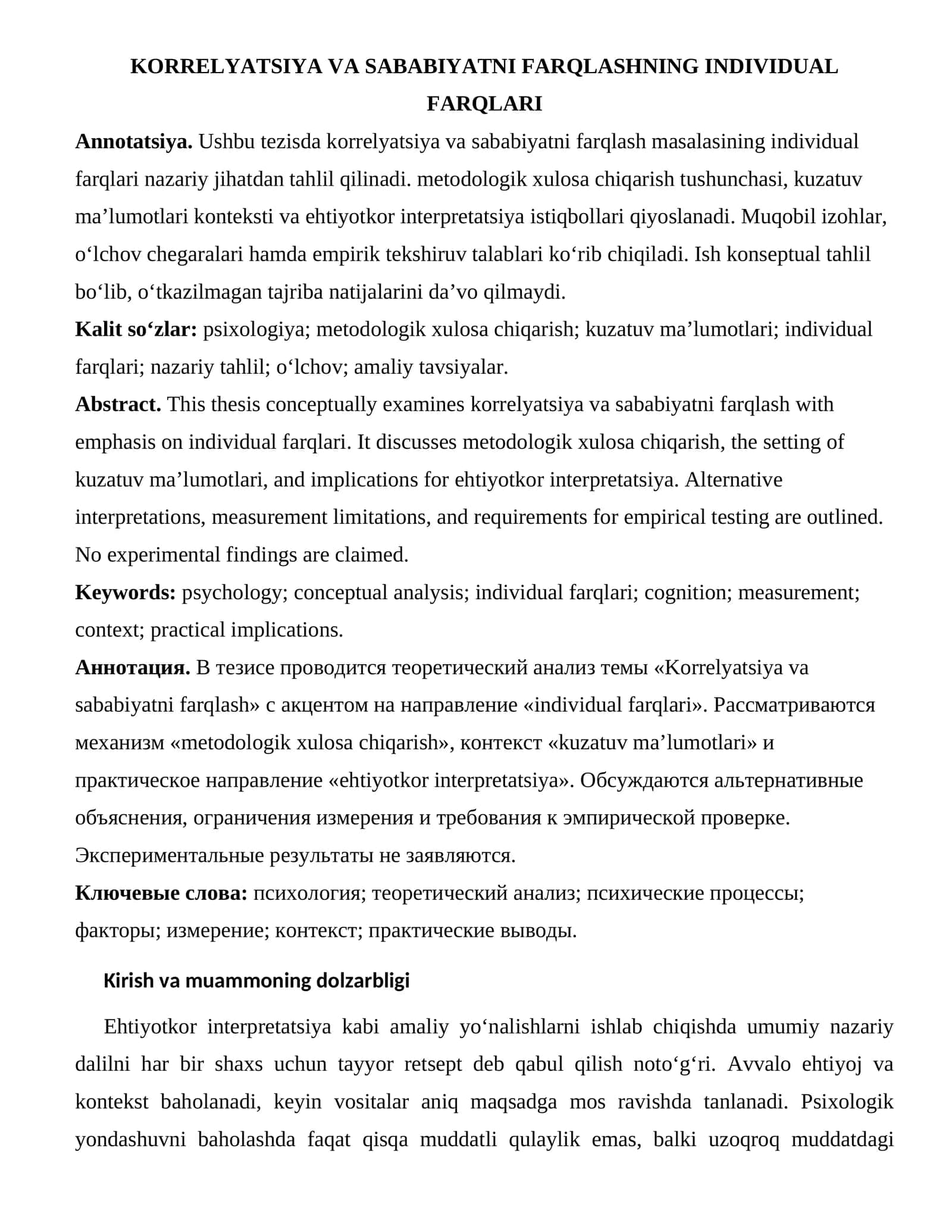 Korrelyatsiya va Sababiyatni Farqlashning Individual Farqlari