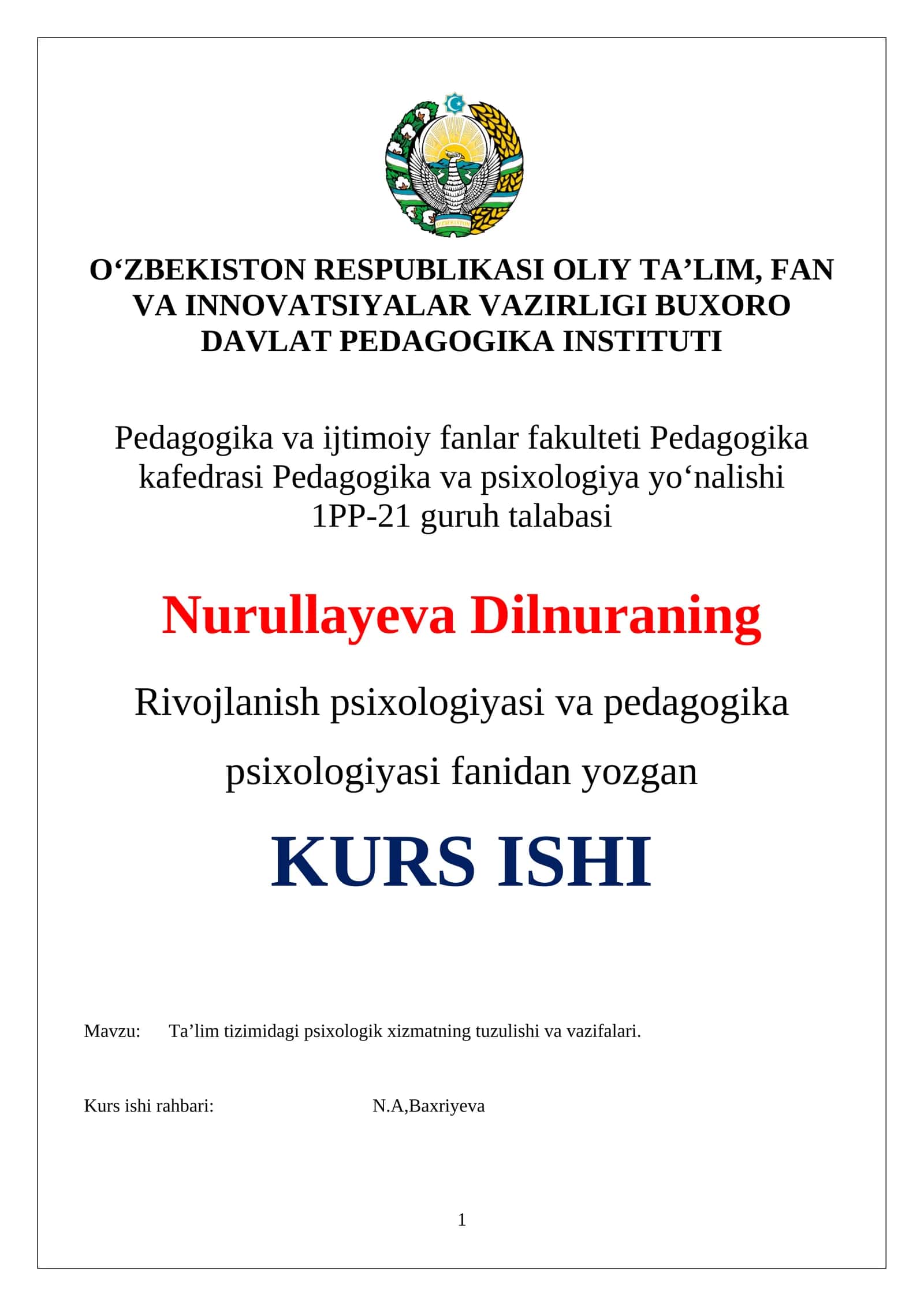 Ta’lim tizimidagi psixologik xizmatning tuzulishi va vazifalari