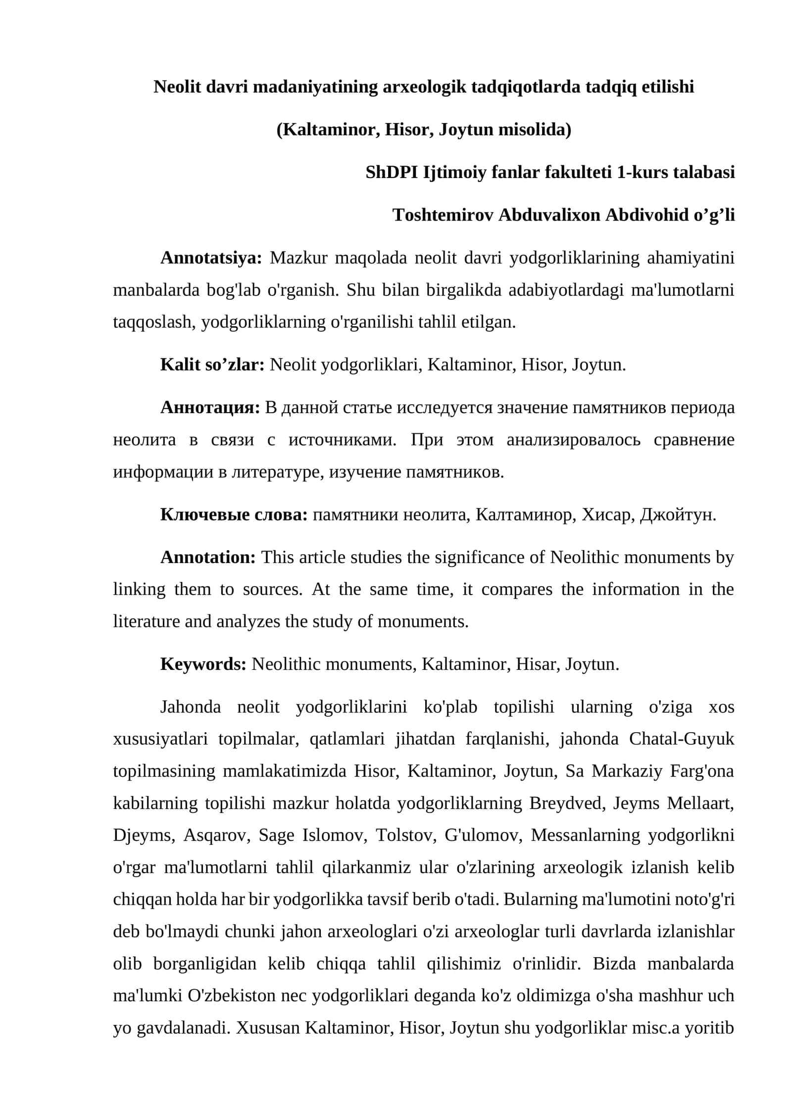 Neolit davri madaniyatining arxeologik tadqiqotlarda tadqiq etilishi (Kaltaminor, Hisor, Joytun misolida)