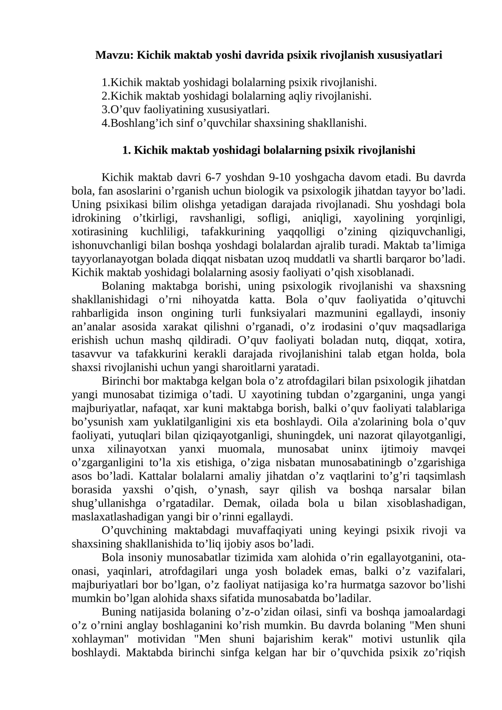 Kichik maktab yoshi davrida psixik rivojlanish xususiyatlari