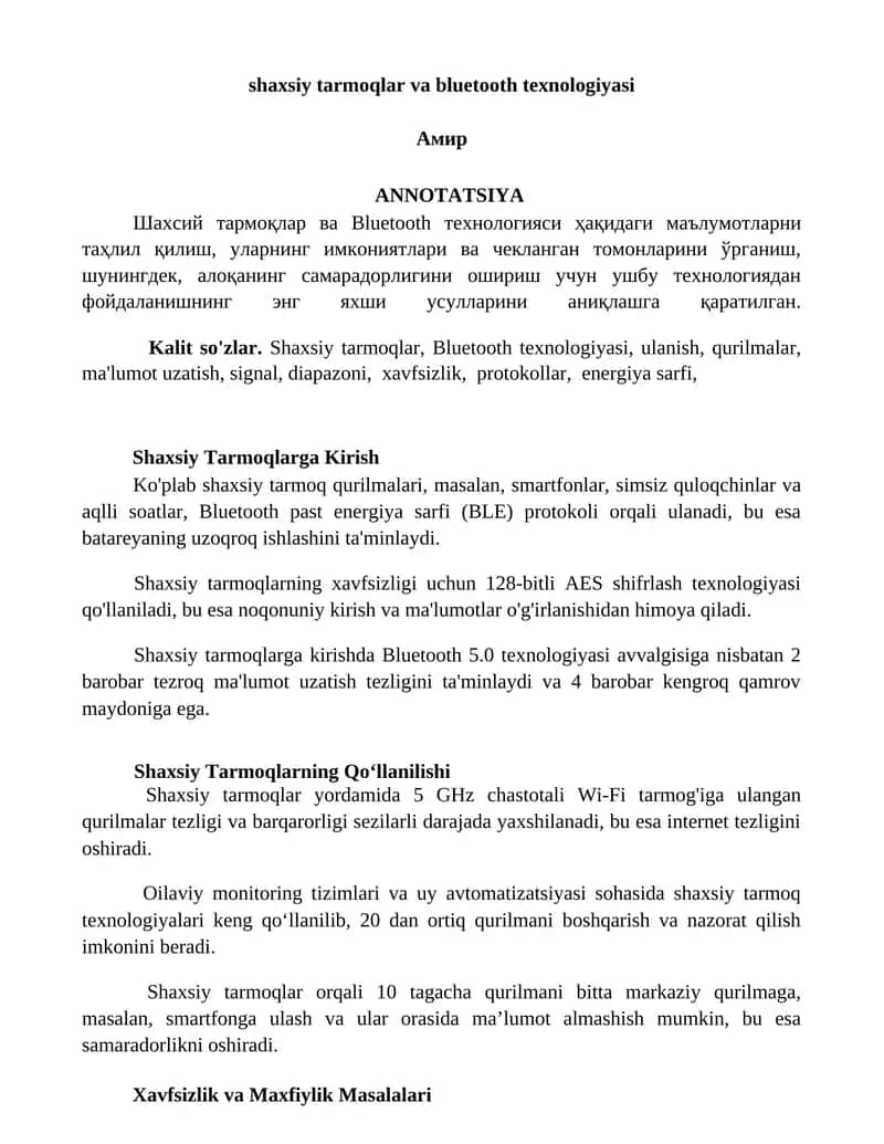 Shaxsiy tarmoqlar va Bluetooth texnologiyasi