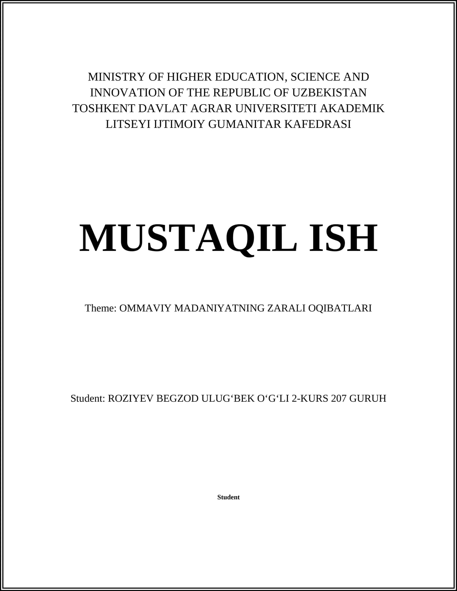 OMMAVIY MADANIYATNING ZARALI OQIBATLARI
