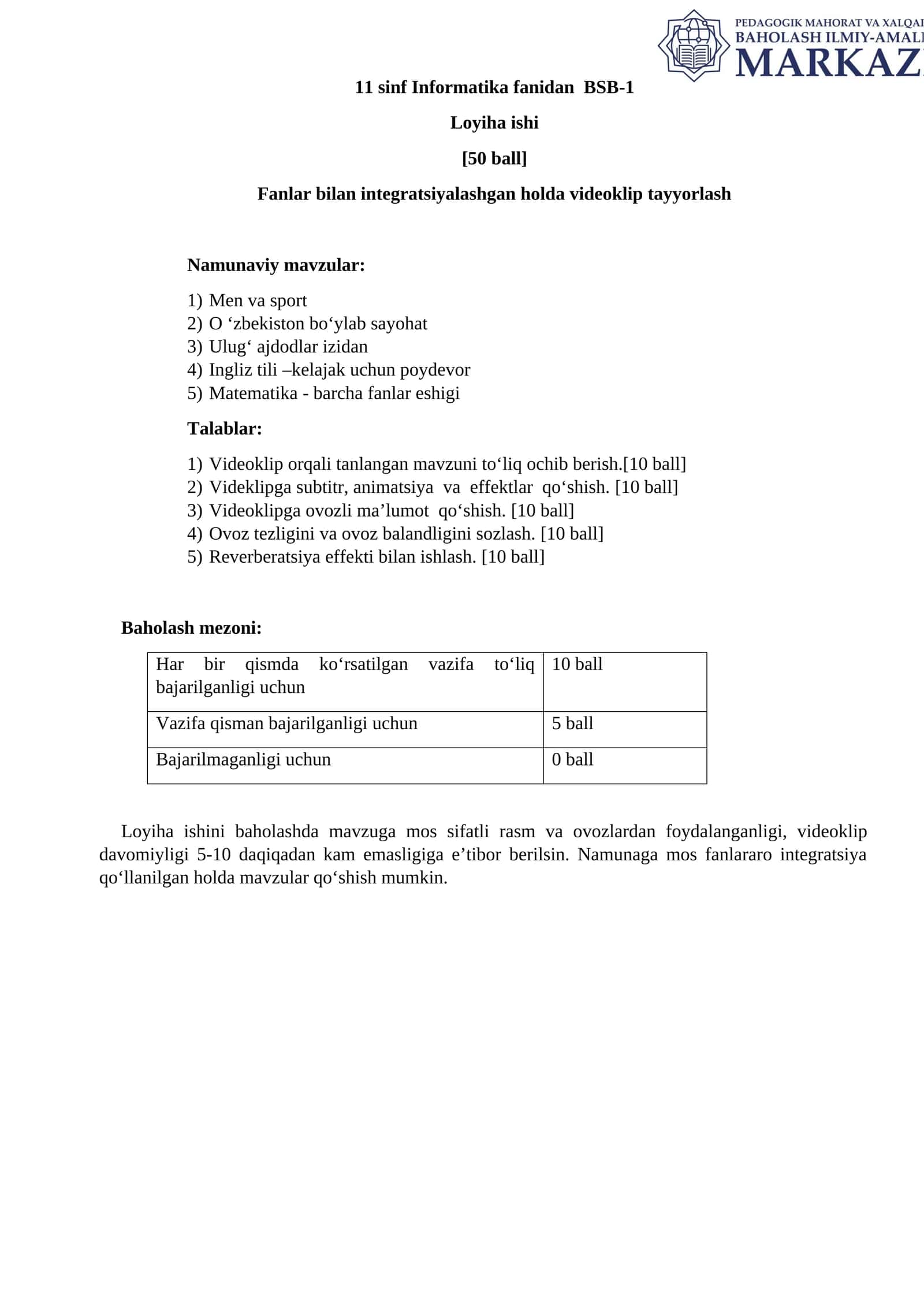 11 sinf Informatika fanidan BSB-1