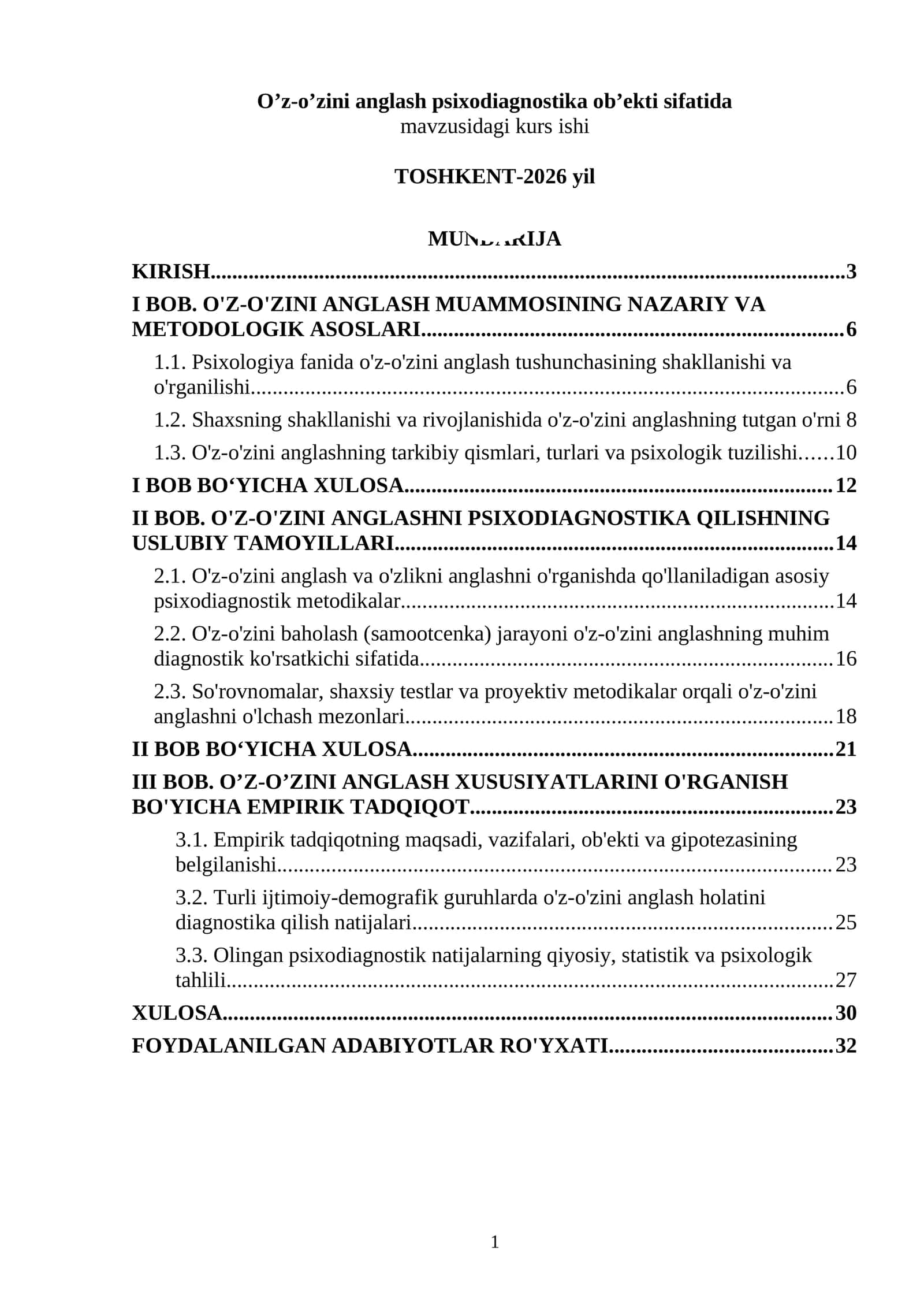 O’z-o’zini anglash psixodiagnostika ob’ekti sifatida