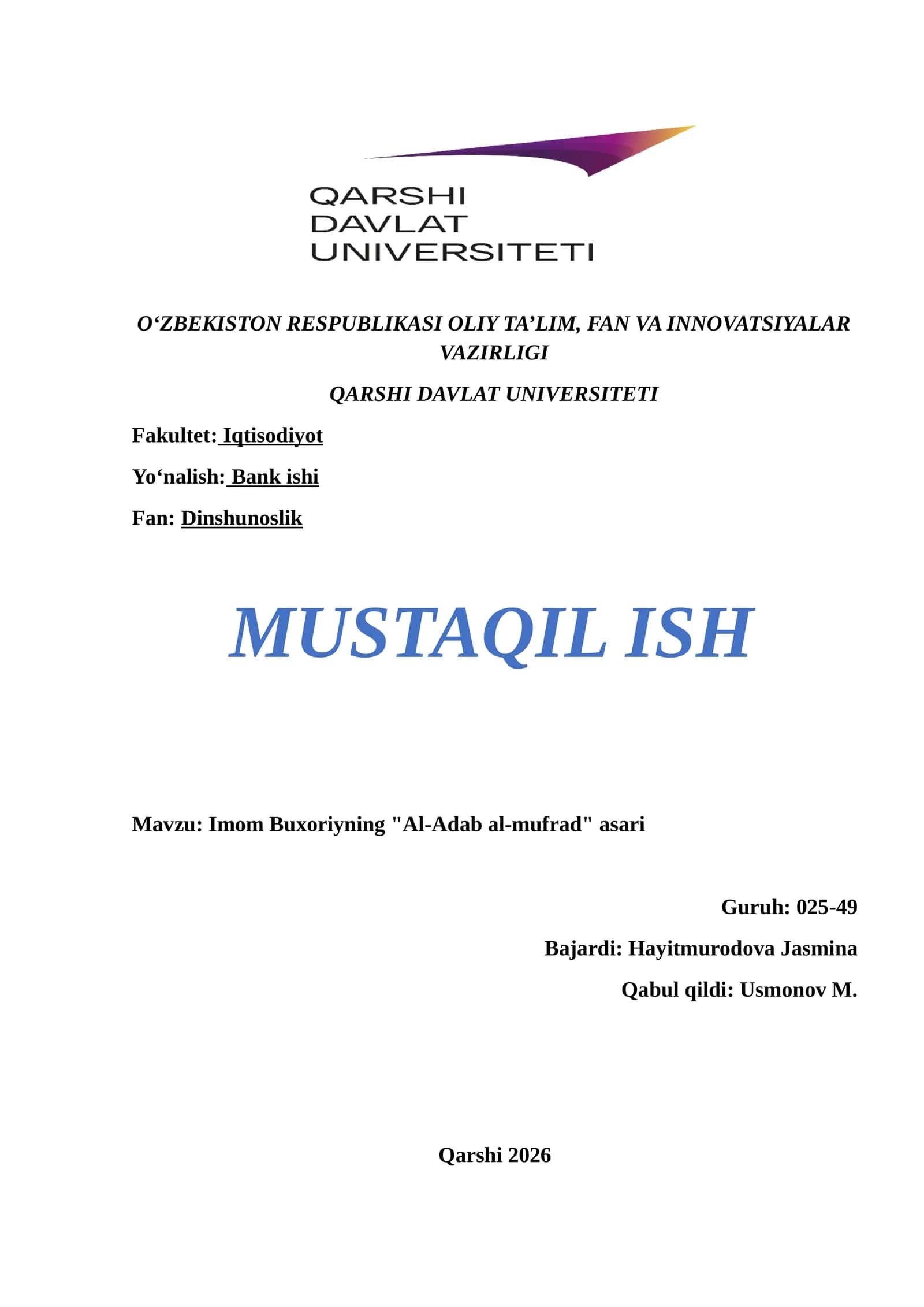 Imom Buxoriyning "Al-Adab al-mufrad" asari