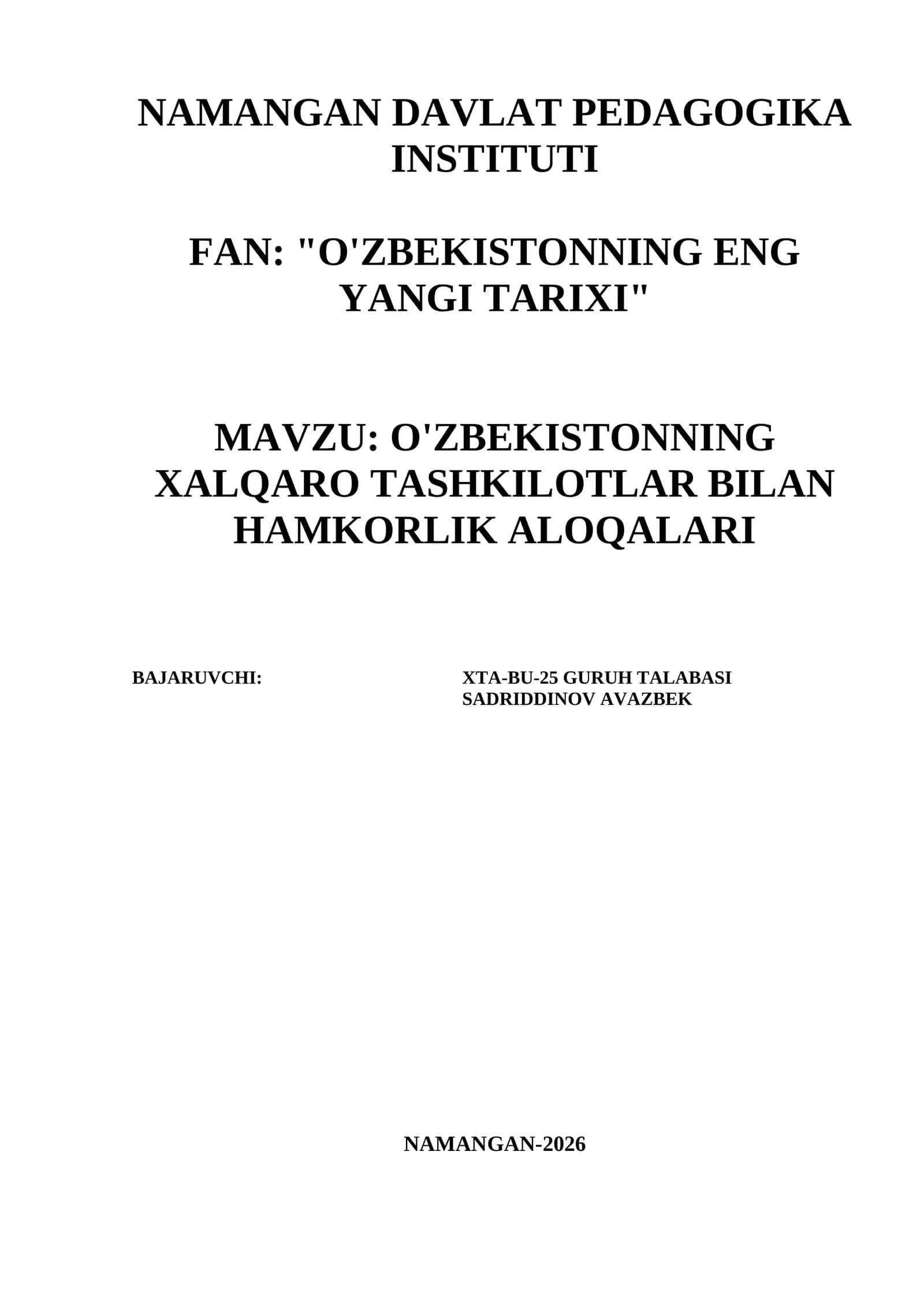 O'zbekistonning xalqaro tashkilotlar bilan hamkorlik aloqalari