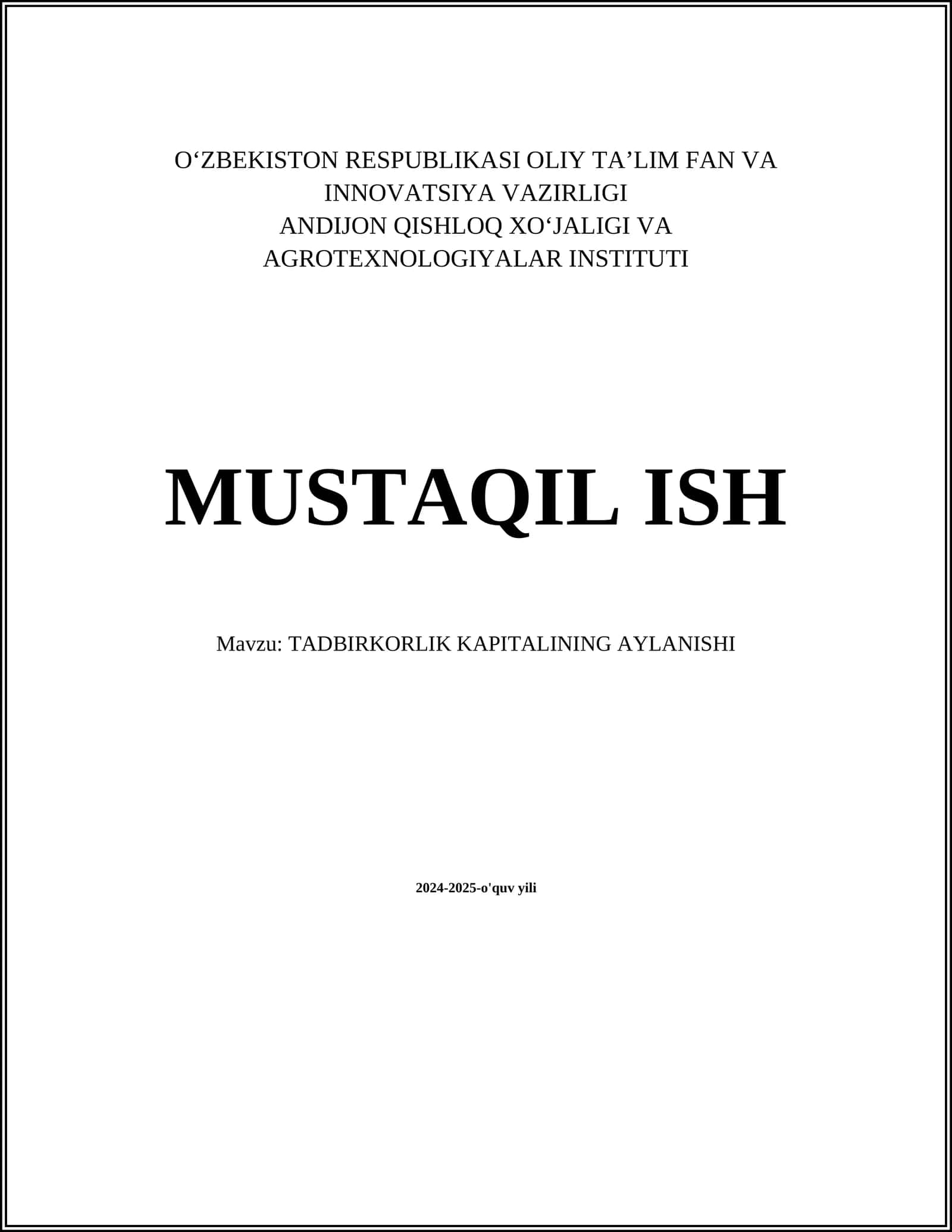 TADBIRKORLIK KAPITALINING AYLANISHI