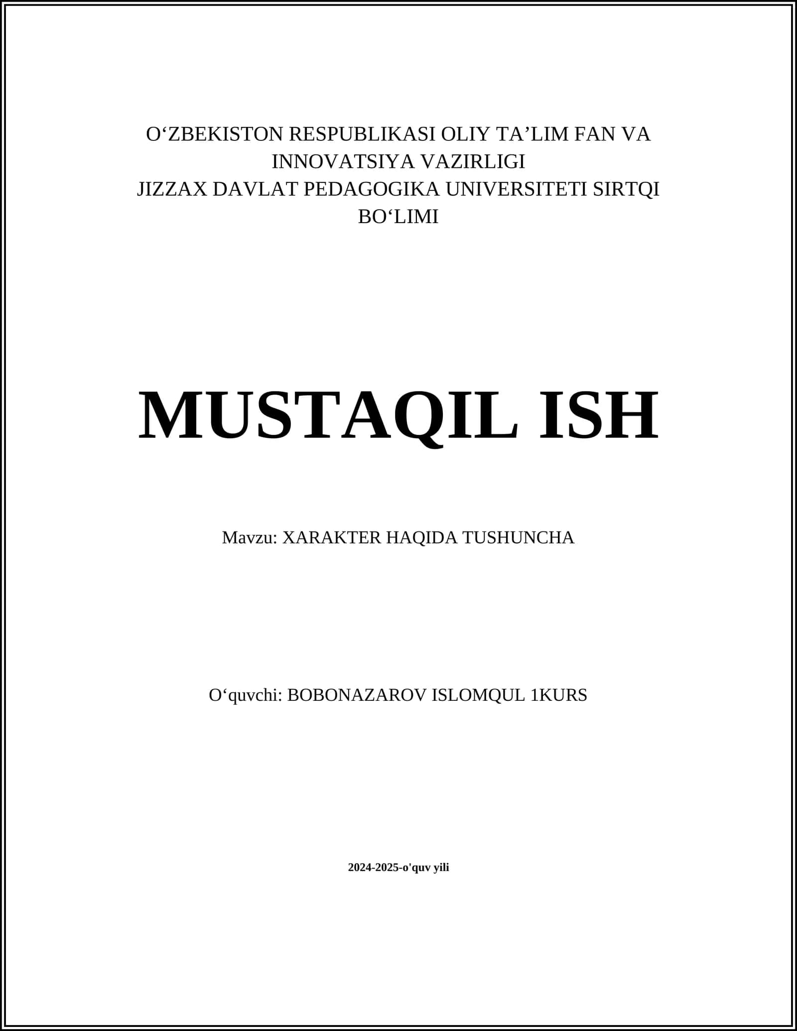 XARAKTER HAQIDA TUSHUNCHA
