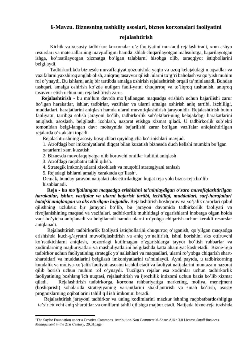 Biznesning tashkiliy asoslari, biznes korxonalari faoliyatini rejalashtirish
