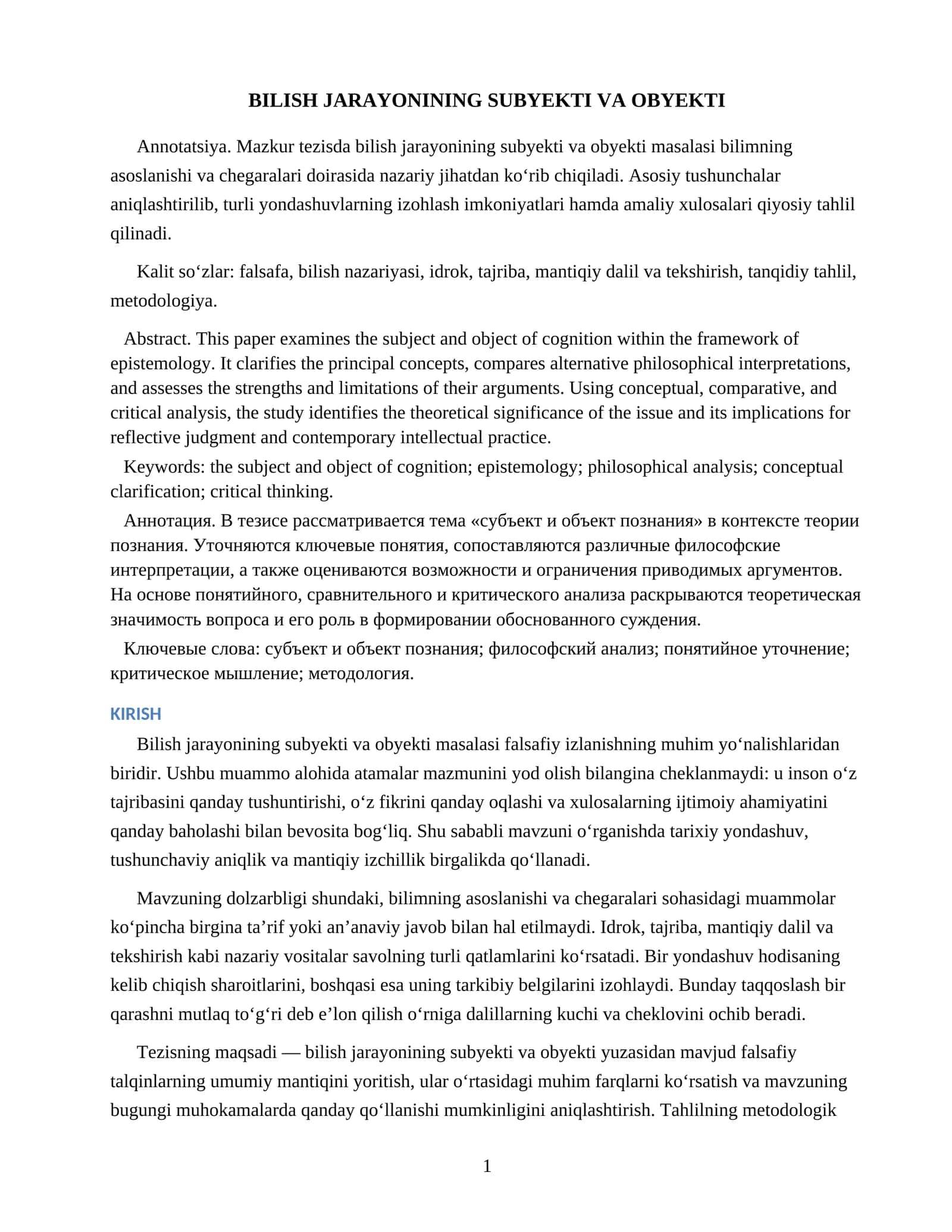 BILISH JARAYONINING SUBYEKTI VA OBYEKTI