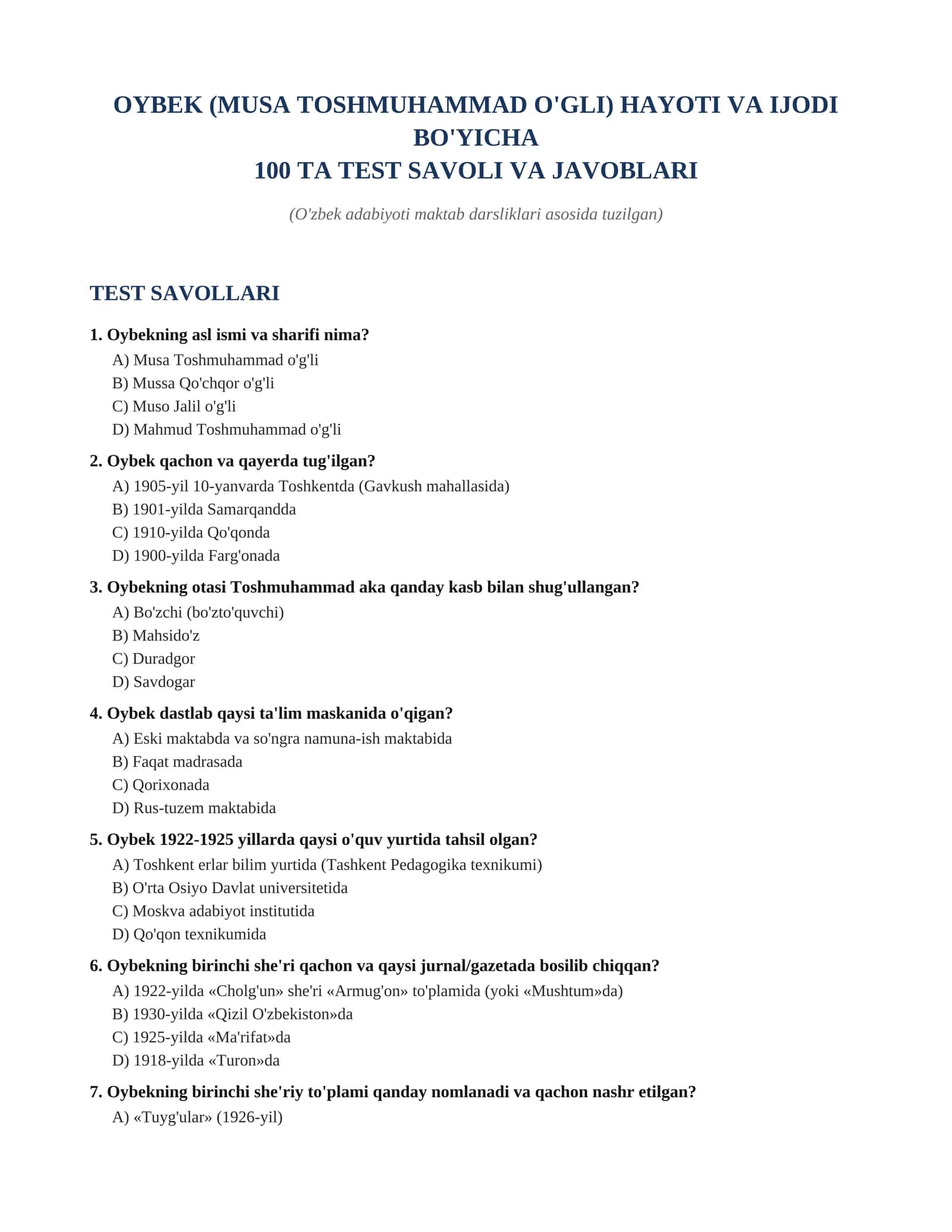 OYBEK (MUSO TOSHMUHAMMAD O'G'LI) HAYOTI VA IJODI BO'YICHA 100 TA TEST SAVOLI VA JAVOBLARI (O'zbek adabiyoti maktab darsliklari asosida tuzilgan)