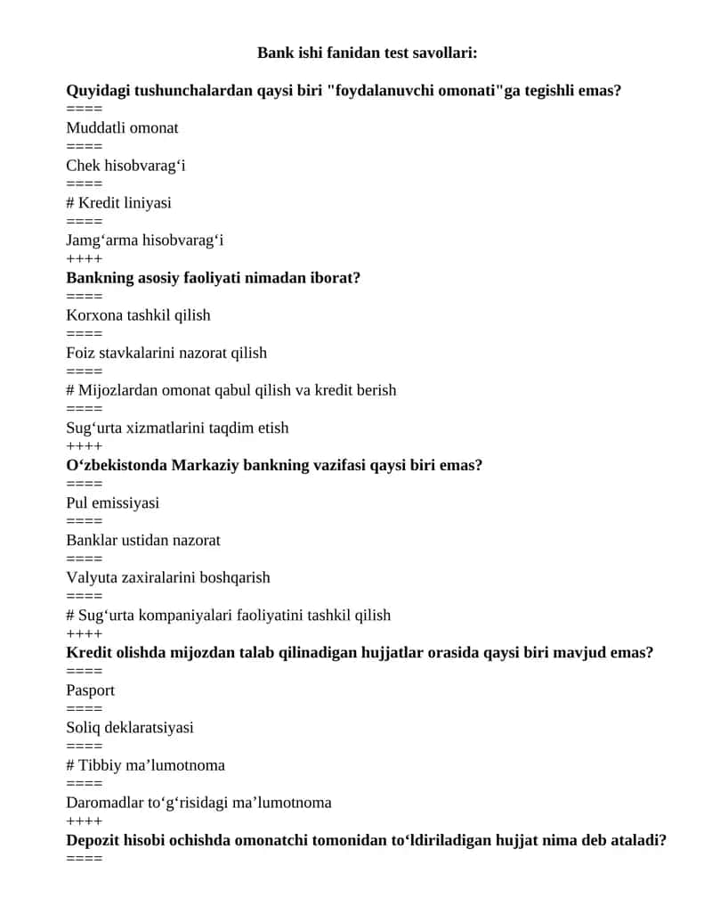 Bank ishi fanidan test savollari javoblari bilan