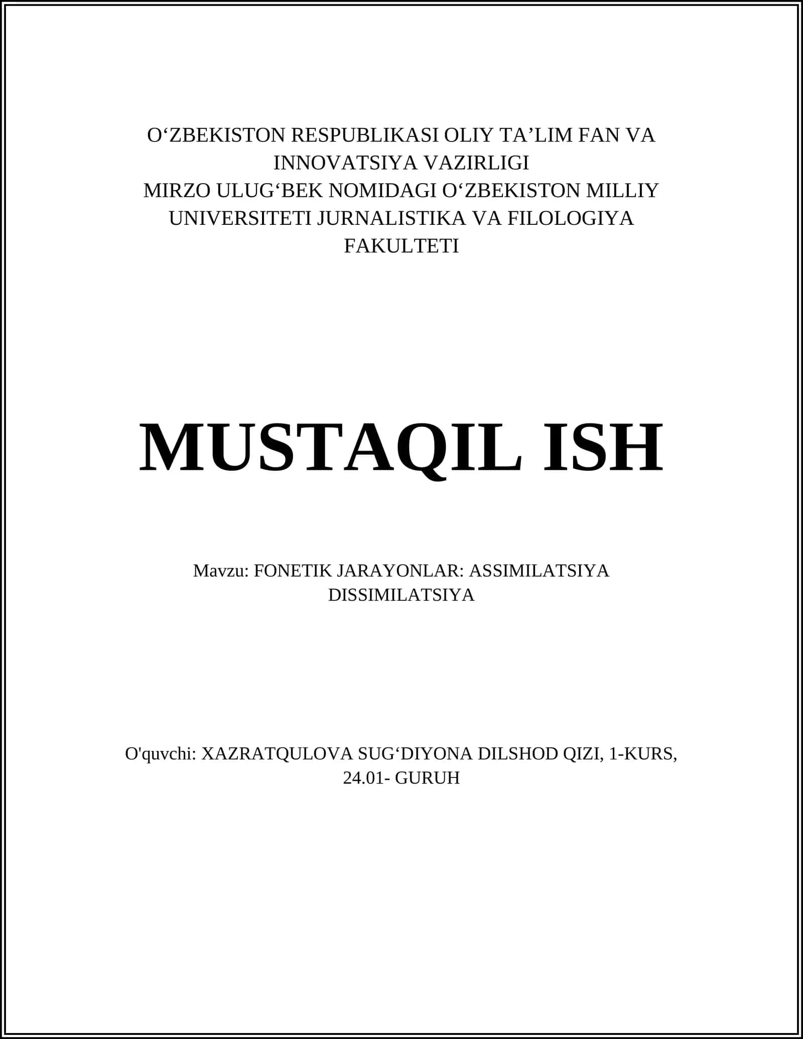 FONETIK JARAYONLAR: ASSIMILATSIYA DISSIMILATSIYA