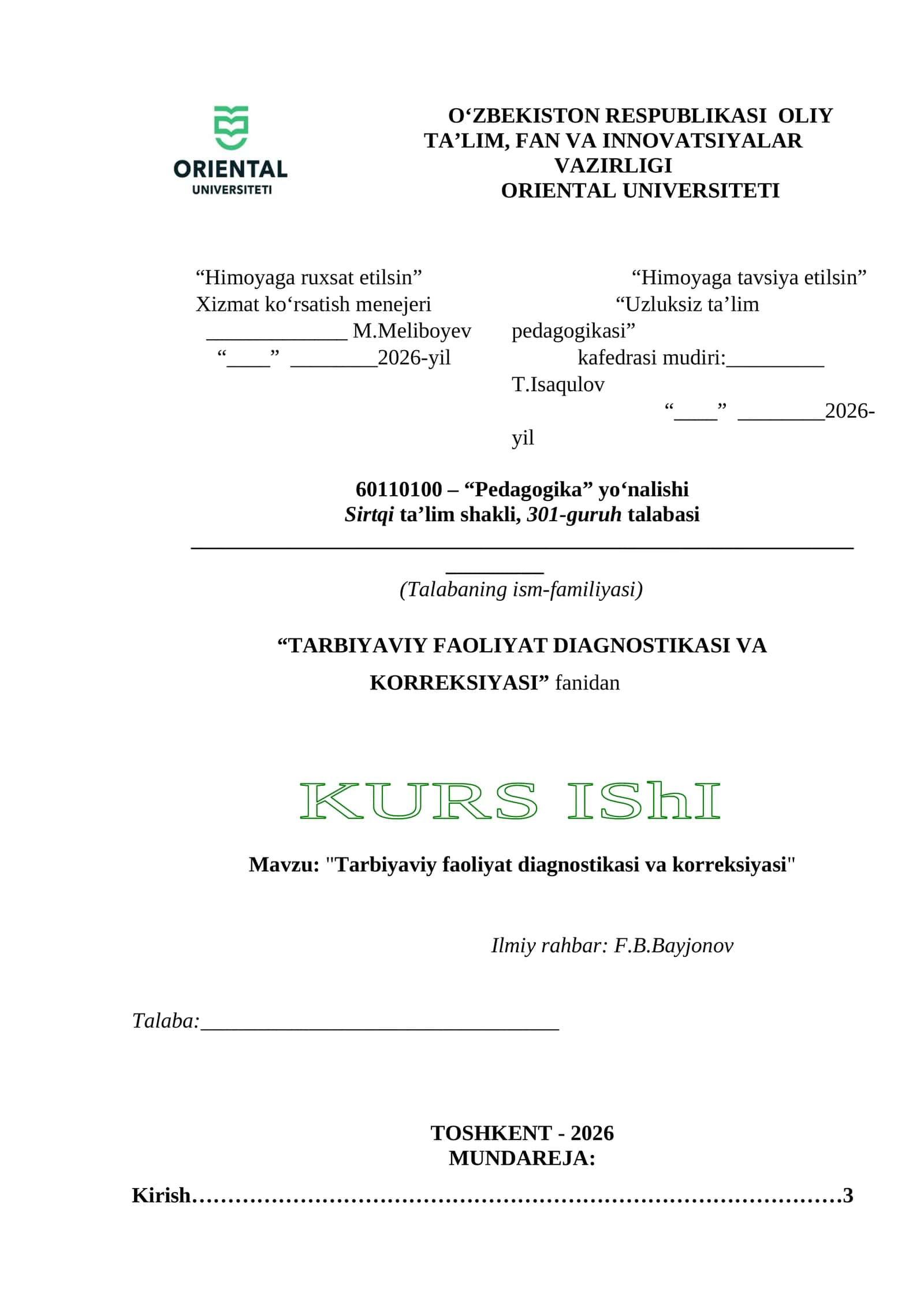 Tarbiyaviy faoliyat diagnostikasi va korreksiya