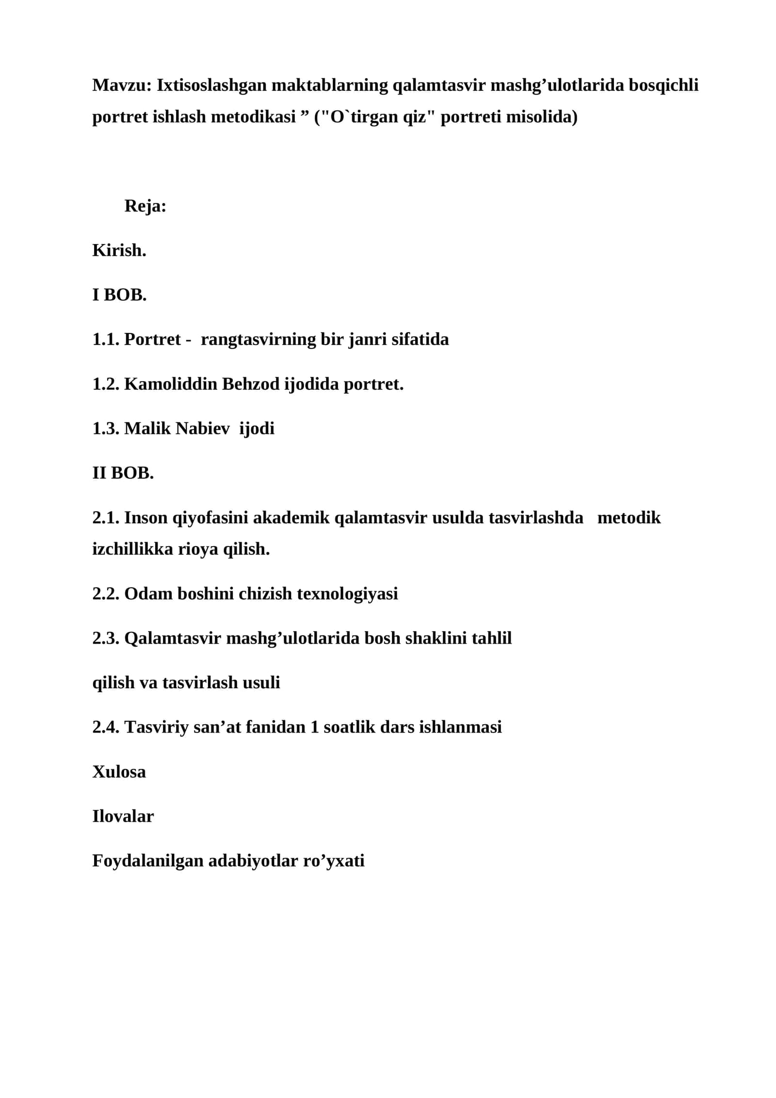 Ixtisoslashgan maktablarning qalamtasvir mashg’ulotlarida bosqichli portret ishlash metodikasi ” ("O`tirgan qiz" portreti misolida) Diplom ishi