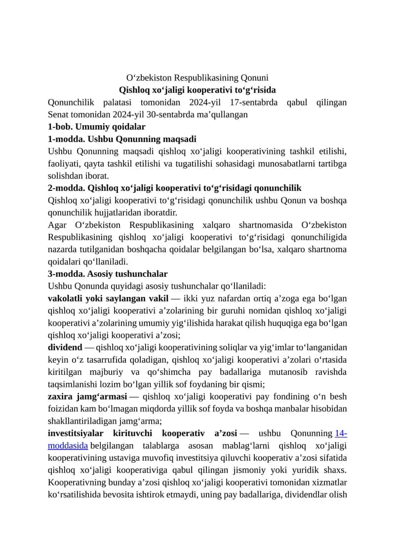 Qishloq xo‘jaligi kooperativi to‘g‘risida Qonunchilik palatasi