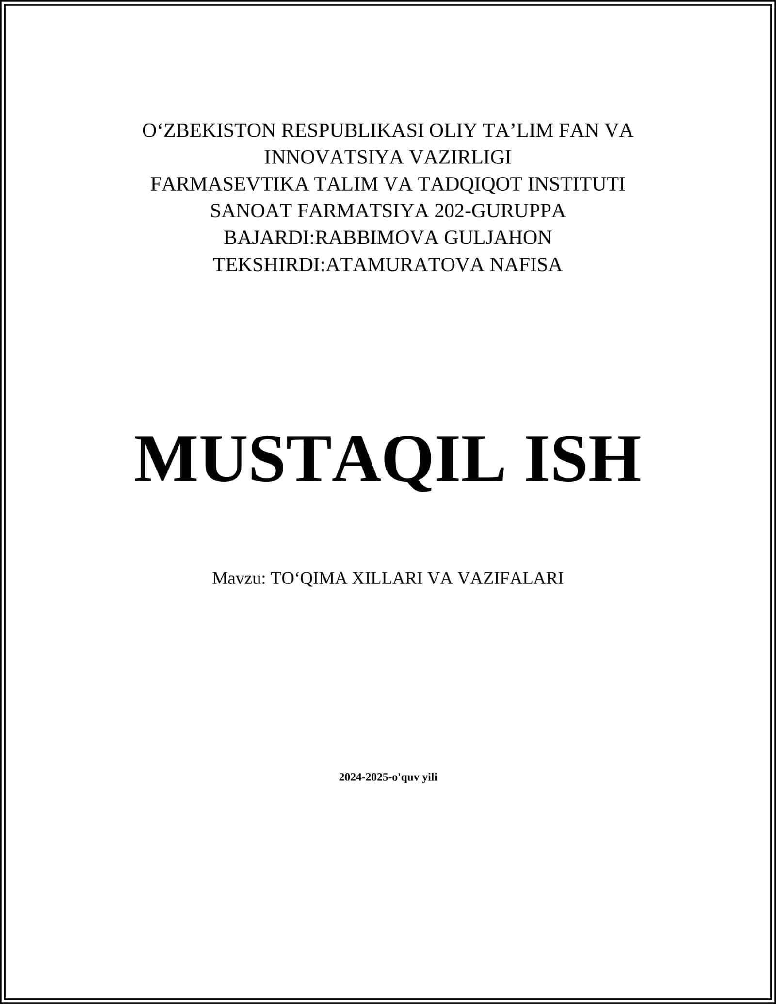 TOʻQIMA XILLARI VA VAZIFALARI