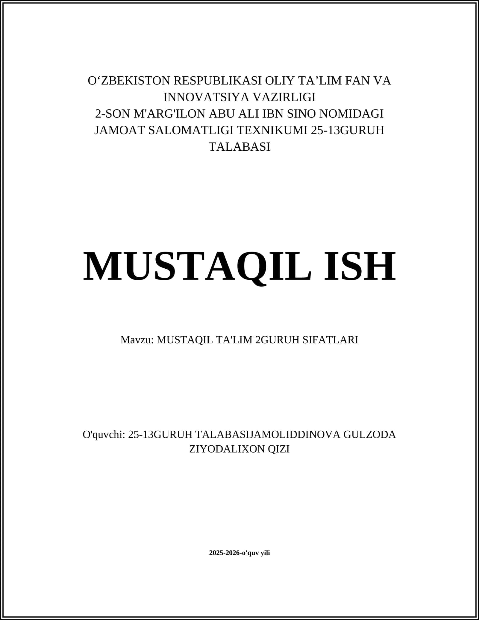 Mustaqil Ta'lim 2-Guruh Sifatlari