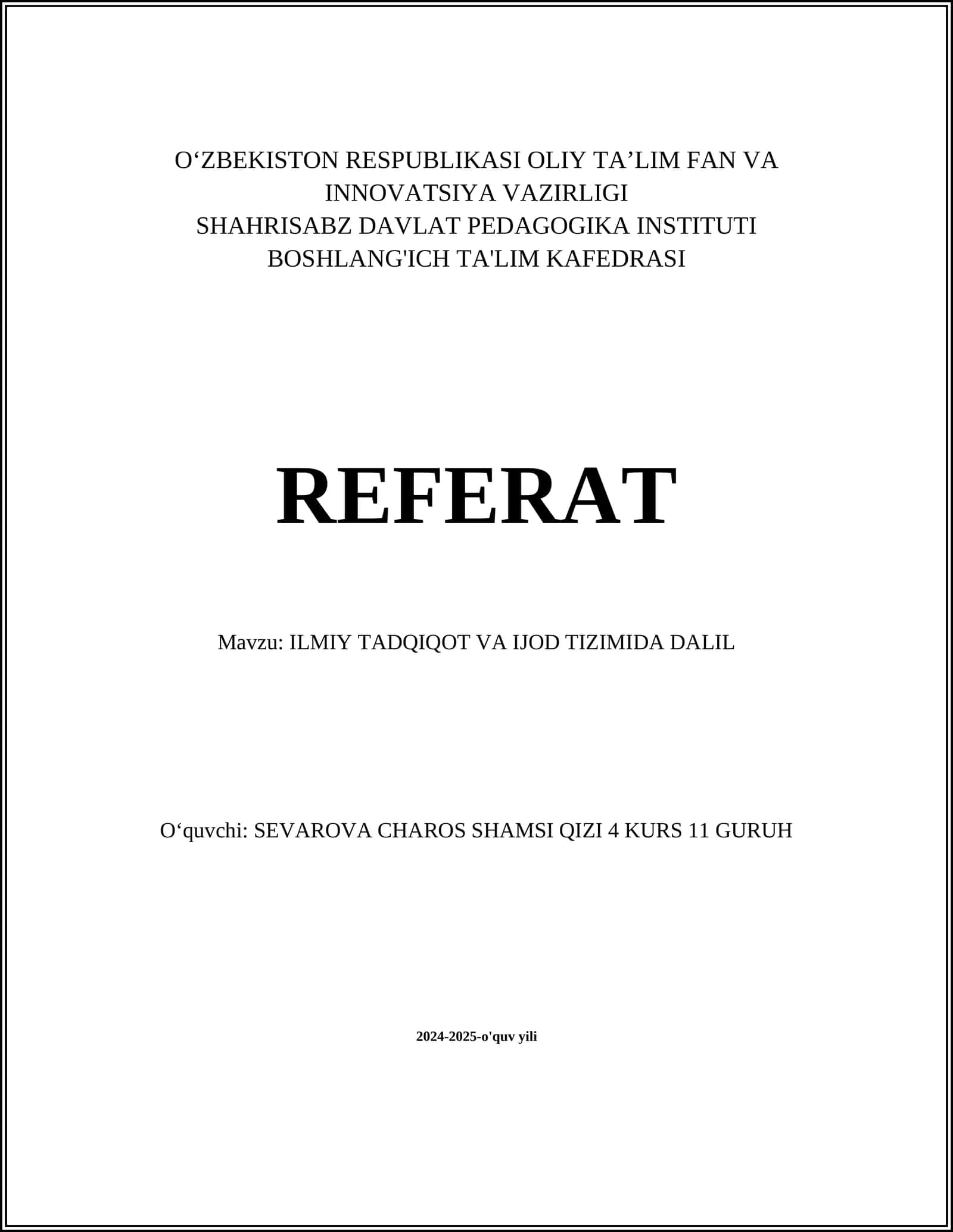 ILMIY TADQIQOT VA IJOD TIZIMIDA DALIL REFERAT