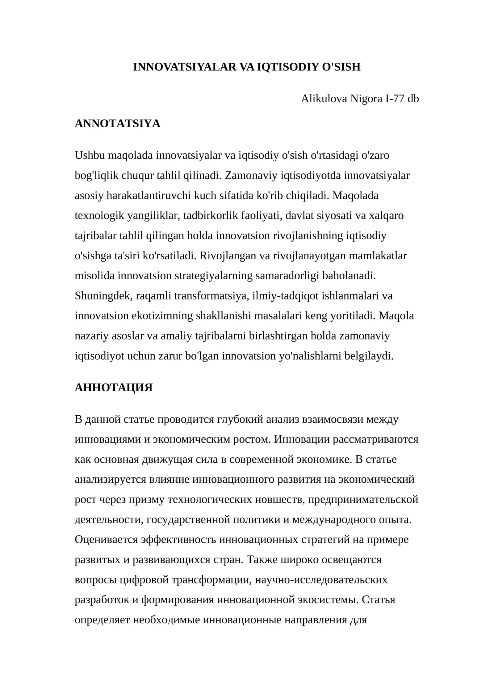 INNOVATSIYALAR VA IQTISODIY O'SISH