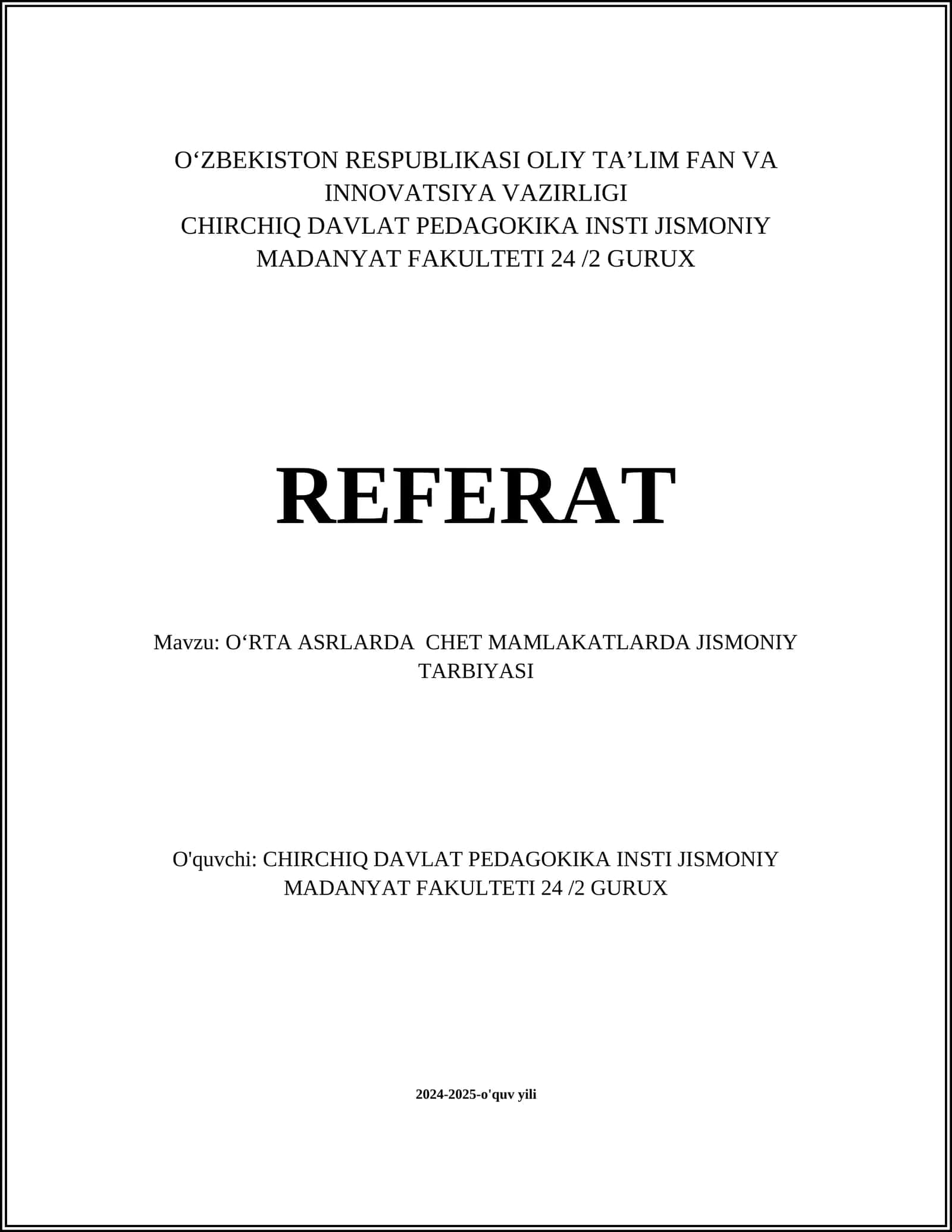 OʻRTA ASRLARDA CHET MAMLAKATLARDA JISMONIY TARBIYASI