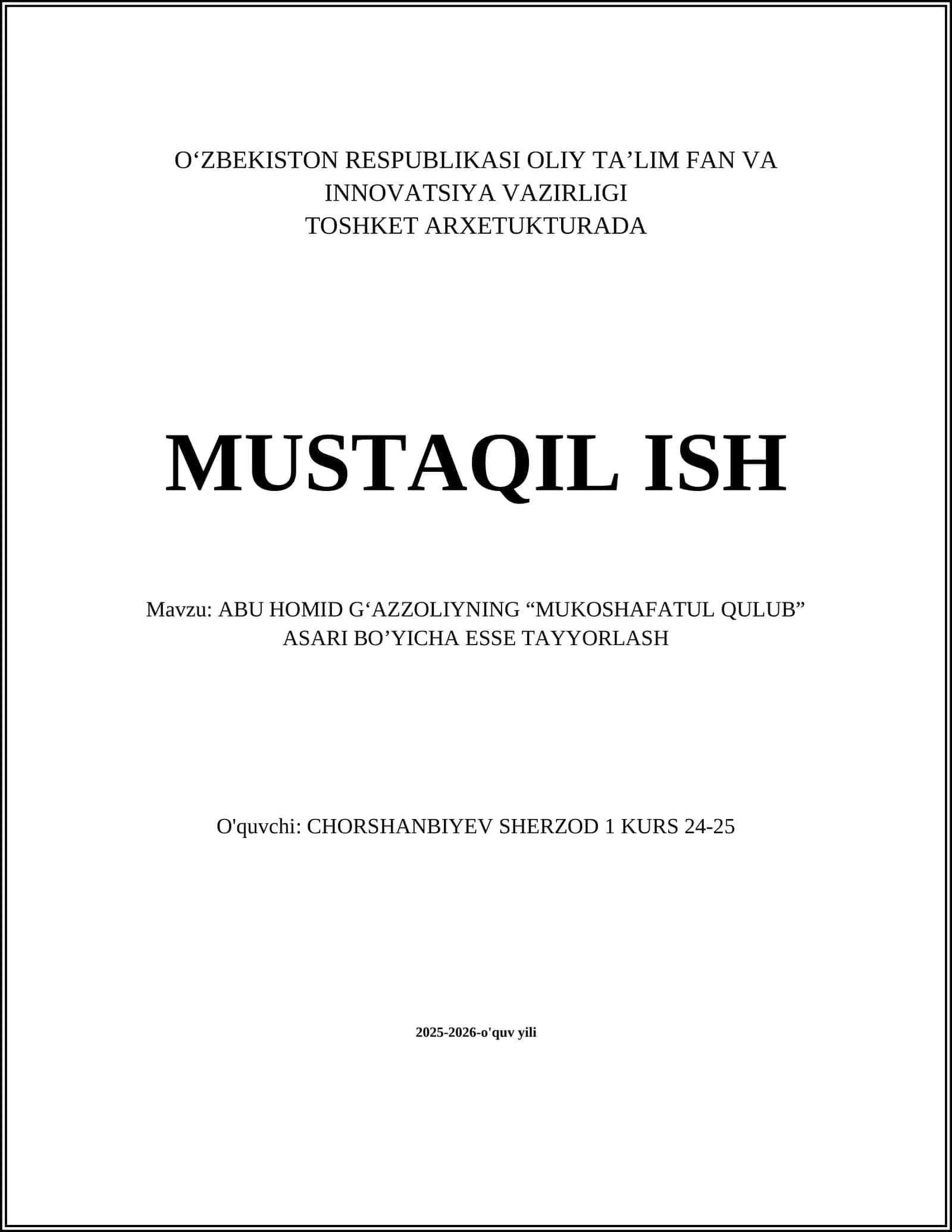 Abu Homid Gʻazzoliynin “Mukoshafatul Qulub” asari