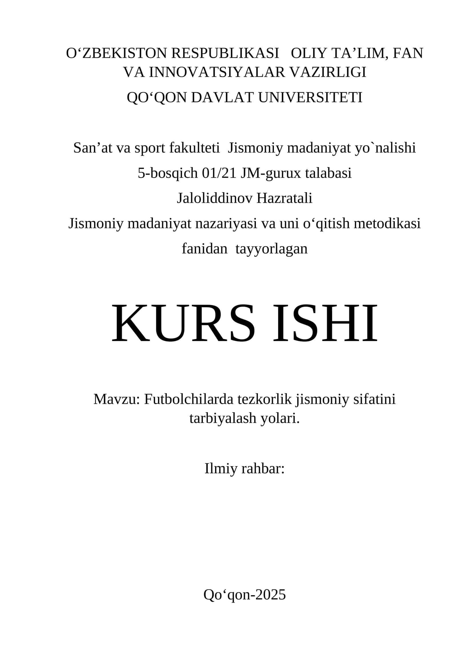 Jismoniy madaniyat nazariyasi va uni o‘qitish metodikasi