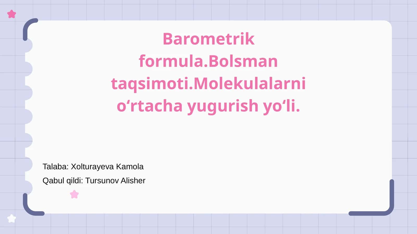 Barometrik formula. Bolsman taqsimoti. Molekulalarni oʻrtacha yugurish yoʻli