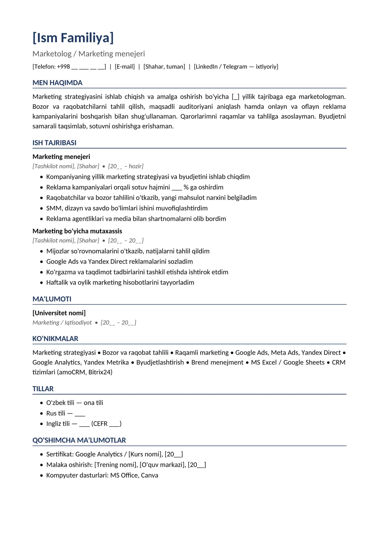 Rezyume namunasi Marketolog