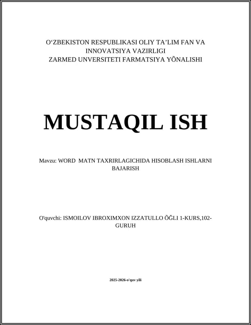 WORD MATN TAXRIRLAGICHIDA HISOBLASH ISHLARNI BAJARISH