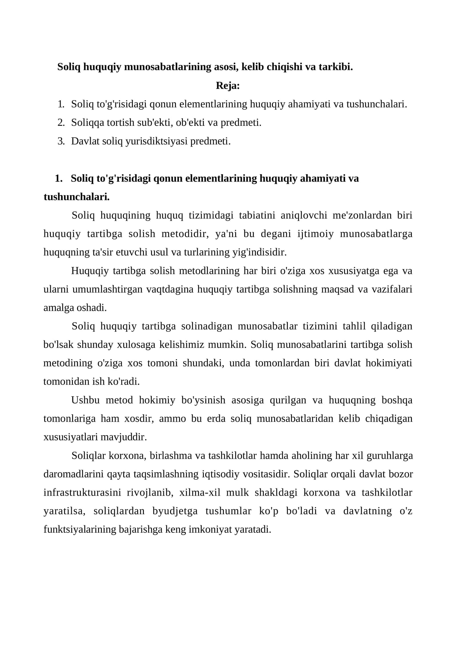 Soliq huquqiy munosabatlarining asosi, kelib chiqishi va tarkibi