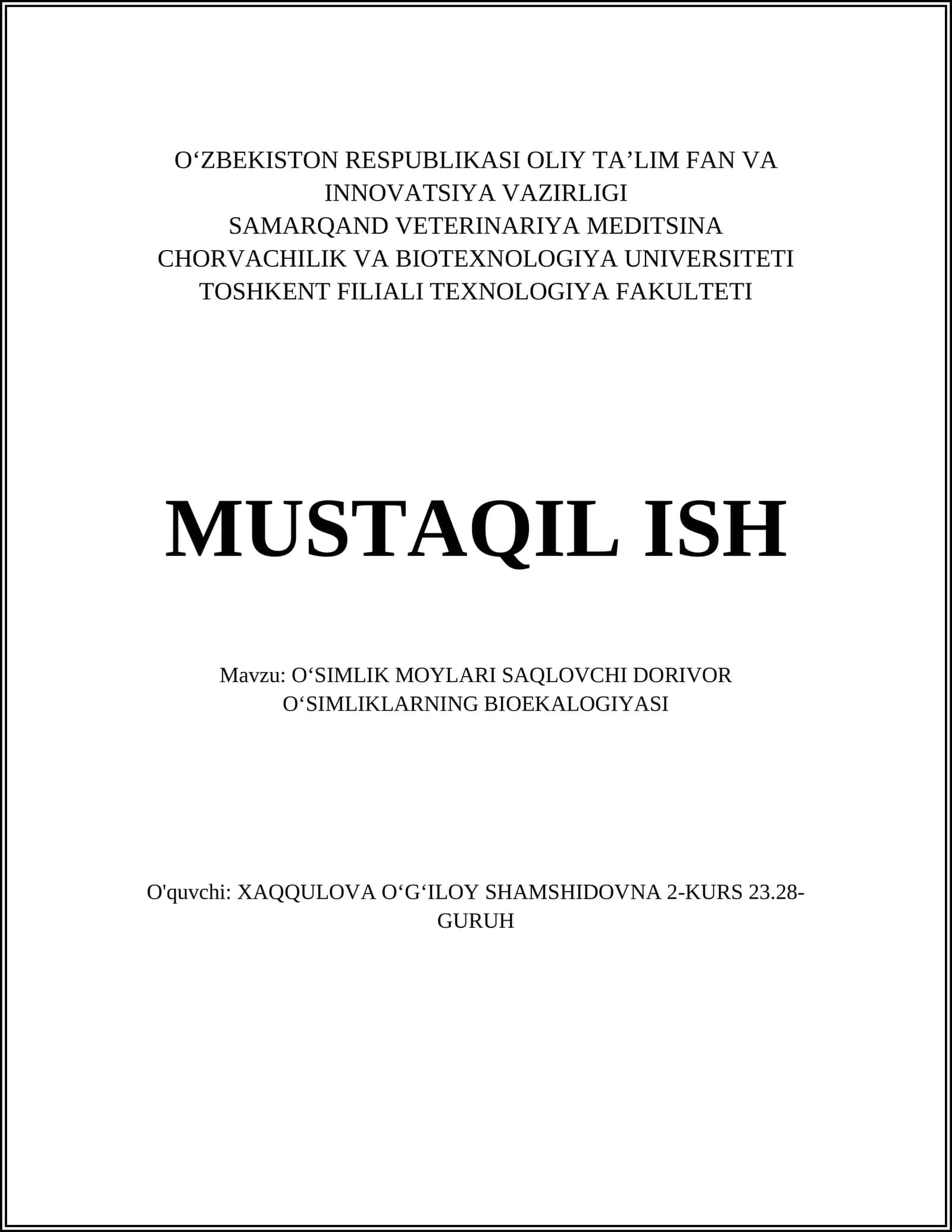 OʻSIMLIK MOYLARI SAQLOVCHI DORIVOR OʻSIMLIKLARNING BIOEKALOGIYASI