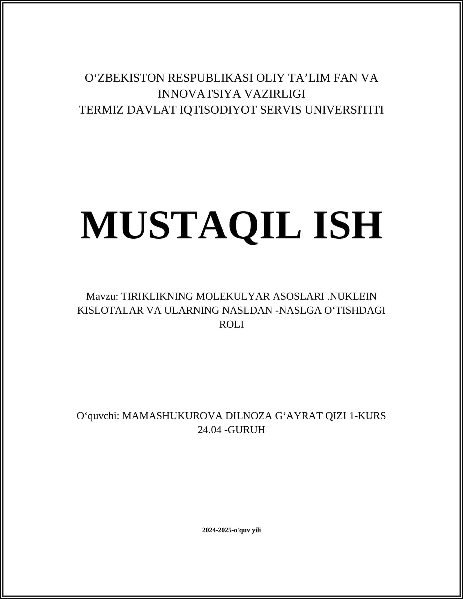 TIRIKLIKNING MOLEKULYAR ASOSLARI