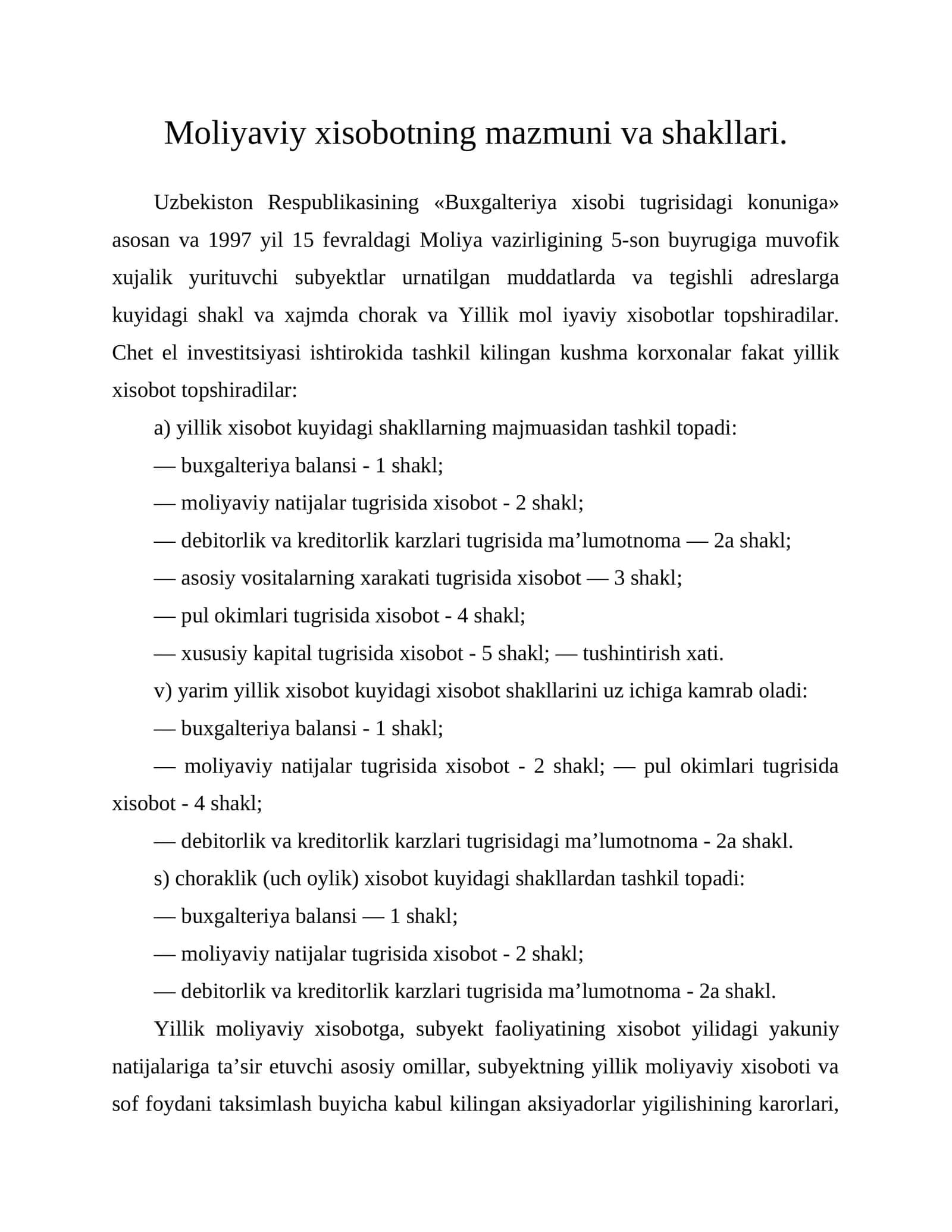 Moliyaviy xisobotning mazmuni va shakllari