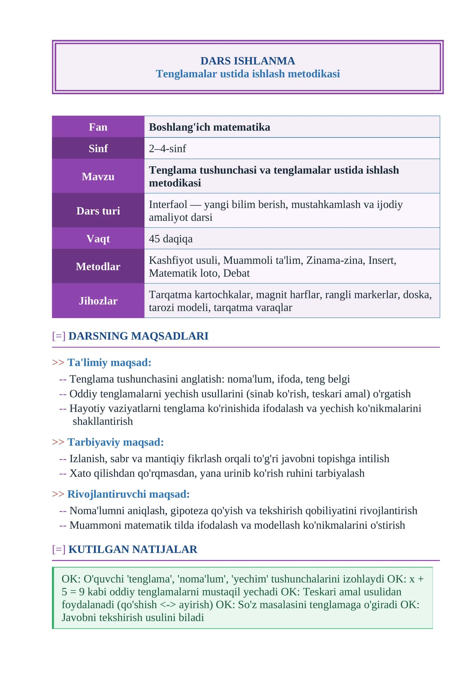 Tenglamalar ustida ishlash metodikasi dars ishlanma