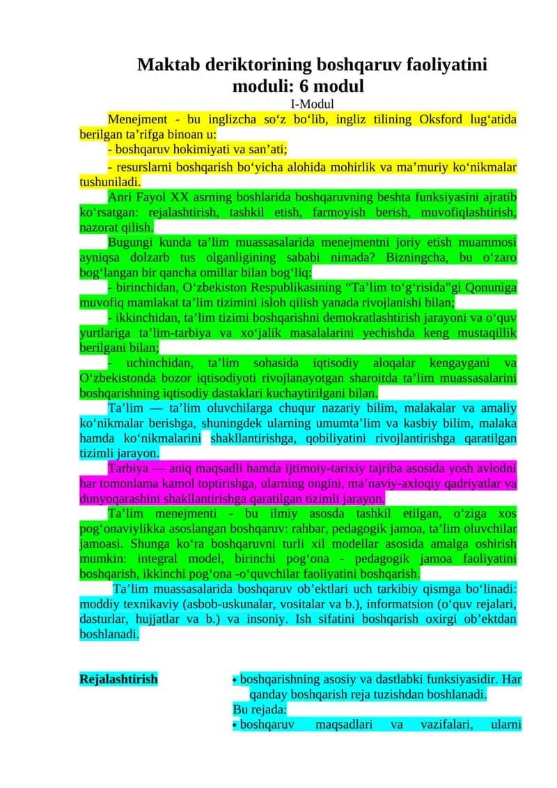 Maktab deriktorining boshqaruv faoliyatini moduli: 6 modul