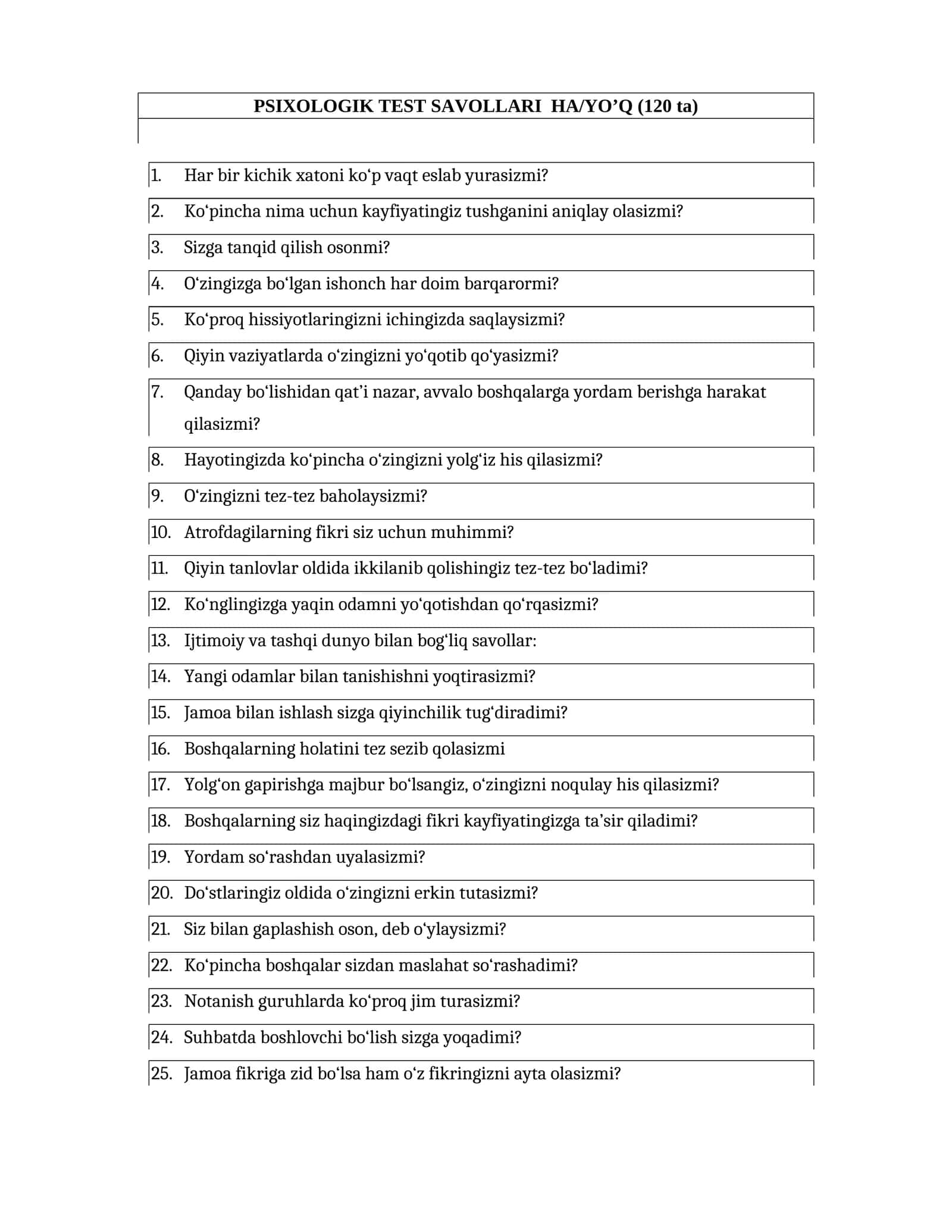 O'zbekiston Respublikasi Harbiy xavfsizlik va mudofaa universiteti HA/YO’Q PSIXOLOGIK TEST SAVOLLARI